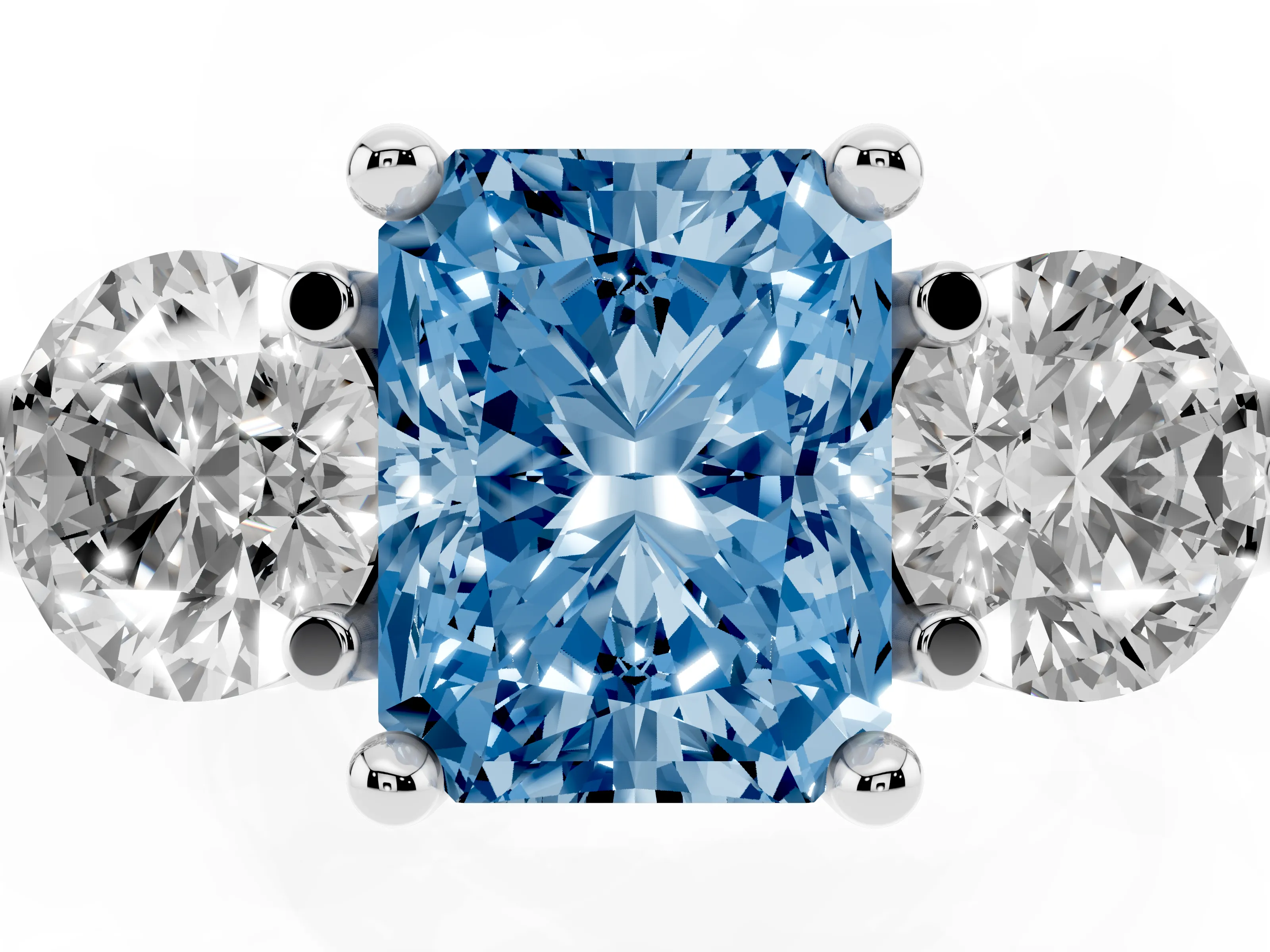 Fancy Blue Radiant Cut Diamond Three-Stone Ring Set in Silver with Prong Setting and Classic Band
