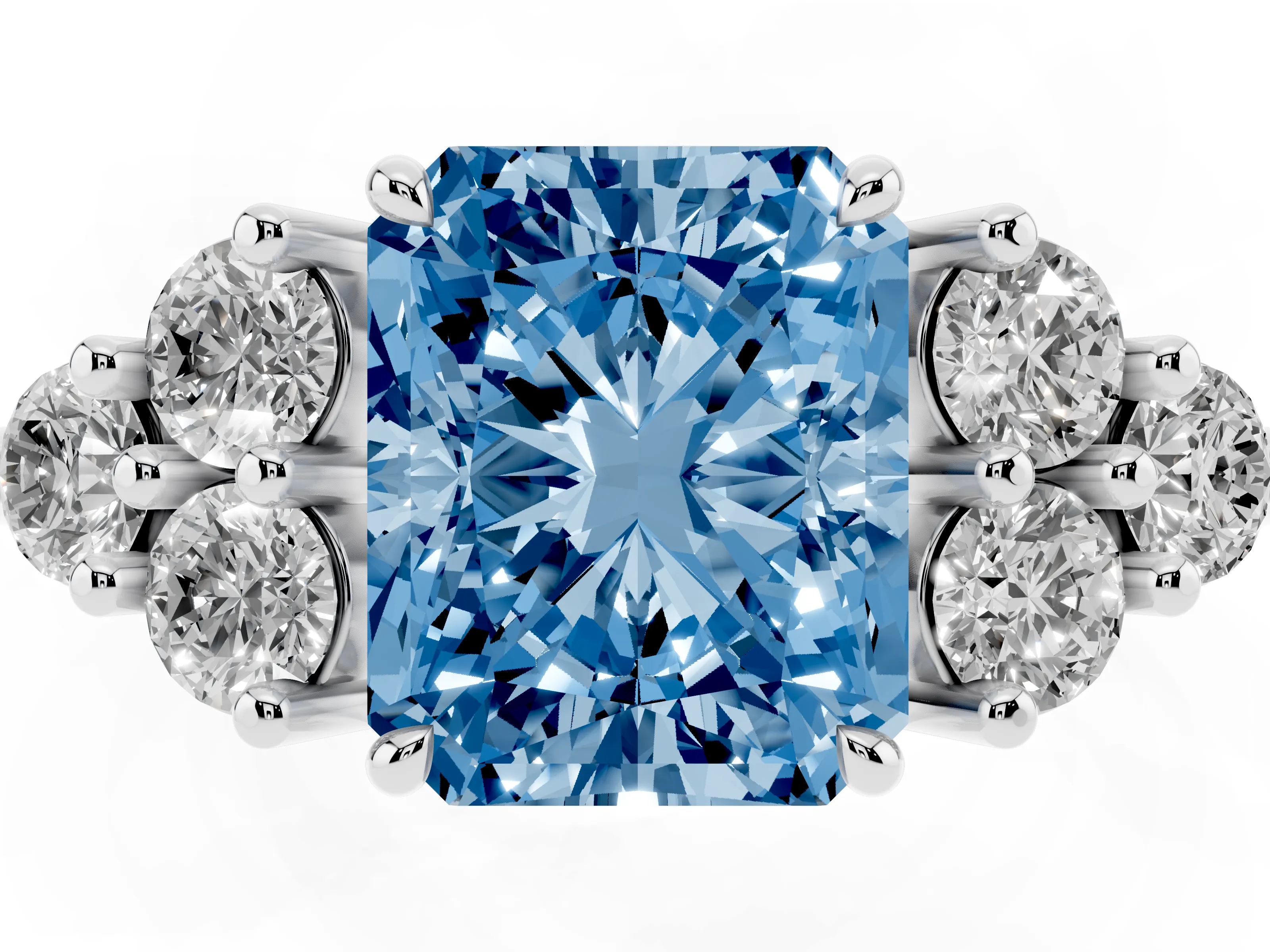Fancy Blue Radiant Cut Diamond Solitaire Ring Set in White gold with Cluster Accents on Each Side