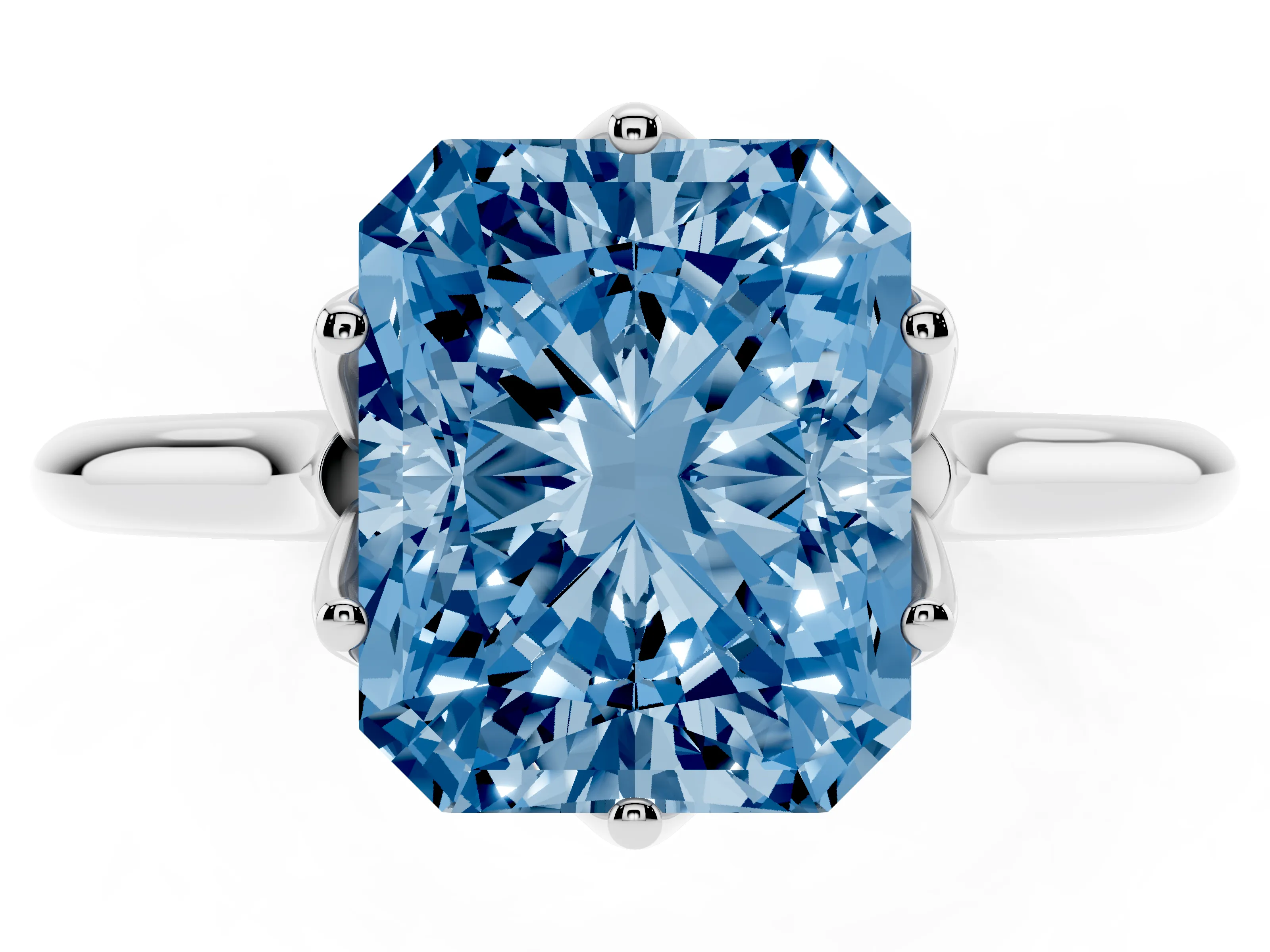 Fancy Blue Radiant Cut Diamond Solitaire Cathedral Ring Set in Silver with Prong Setting
