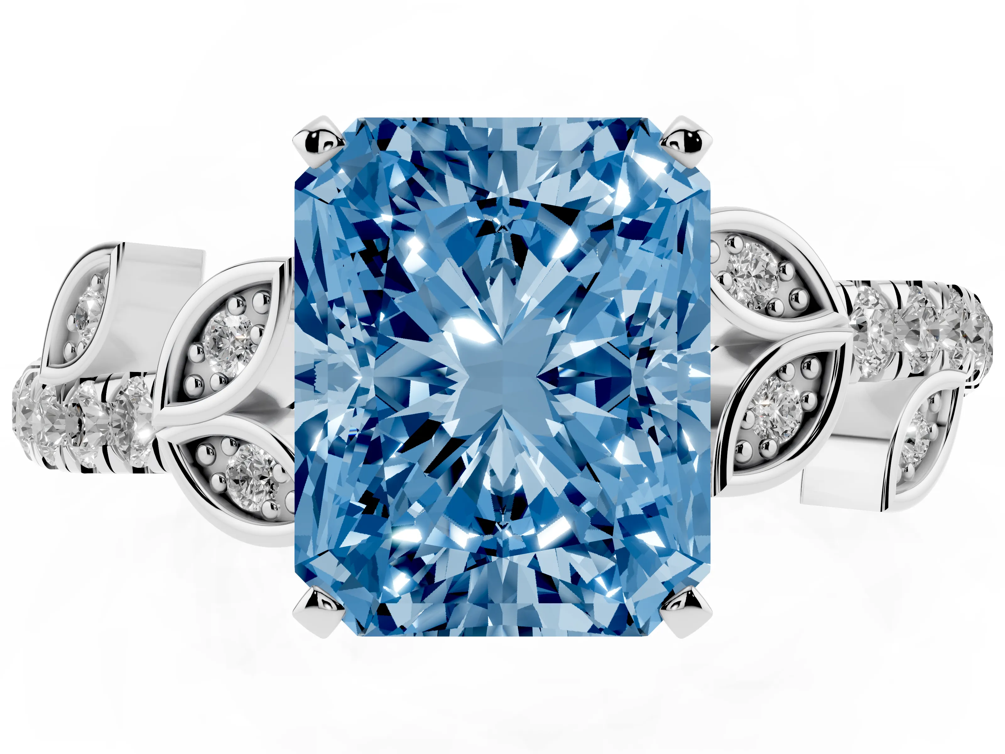 Fancy Blue Radiant Cut Diamond Solitaire Leaf-Inspired Ring Set in Silver with Pavé Band and Prong Setting