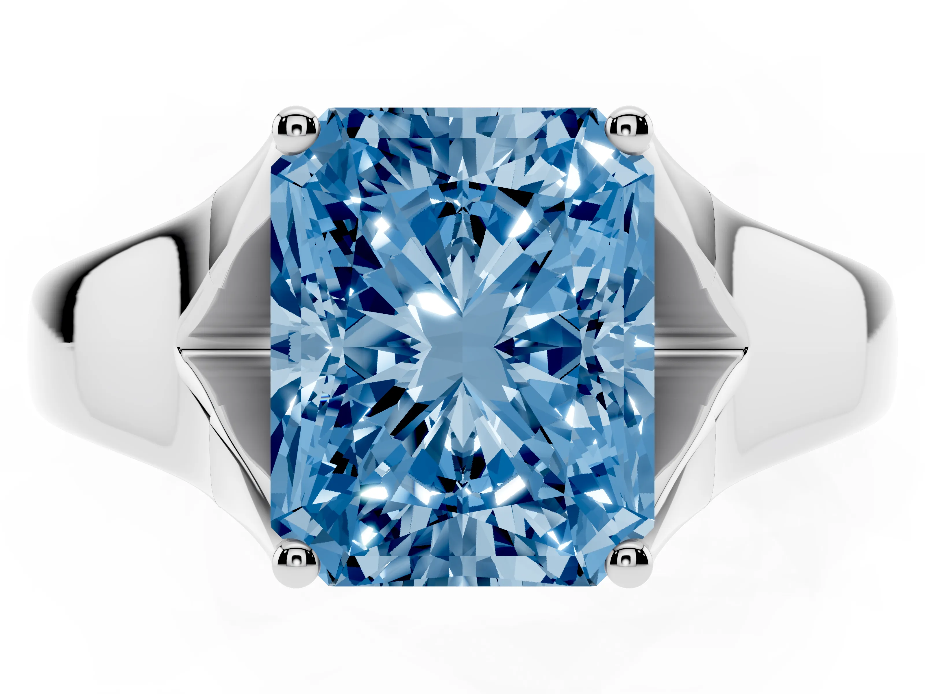 Fancy Blue Radiant Cut Diamond Solitaire Ring Set in Platinum with Arched Cathedral Band and Prong Setting