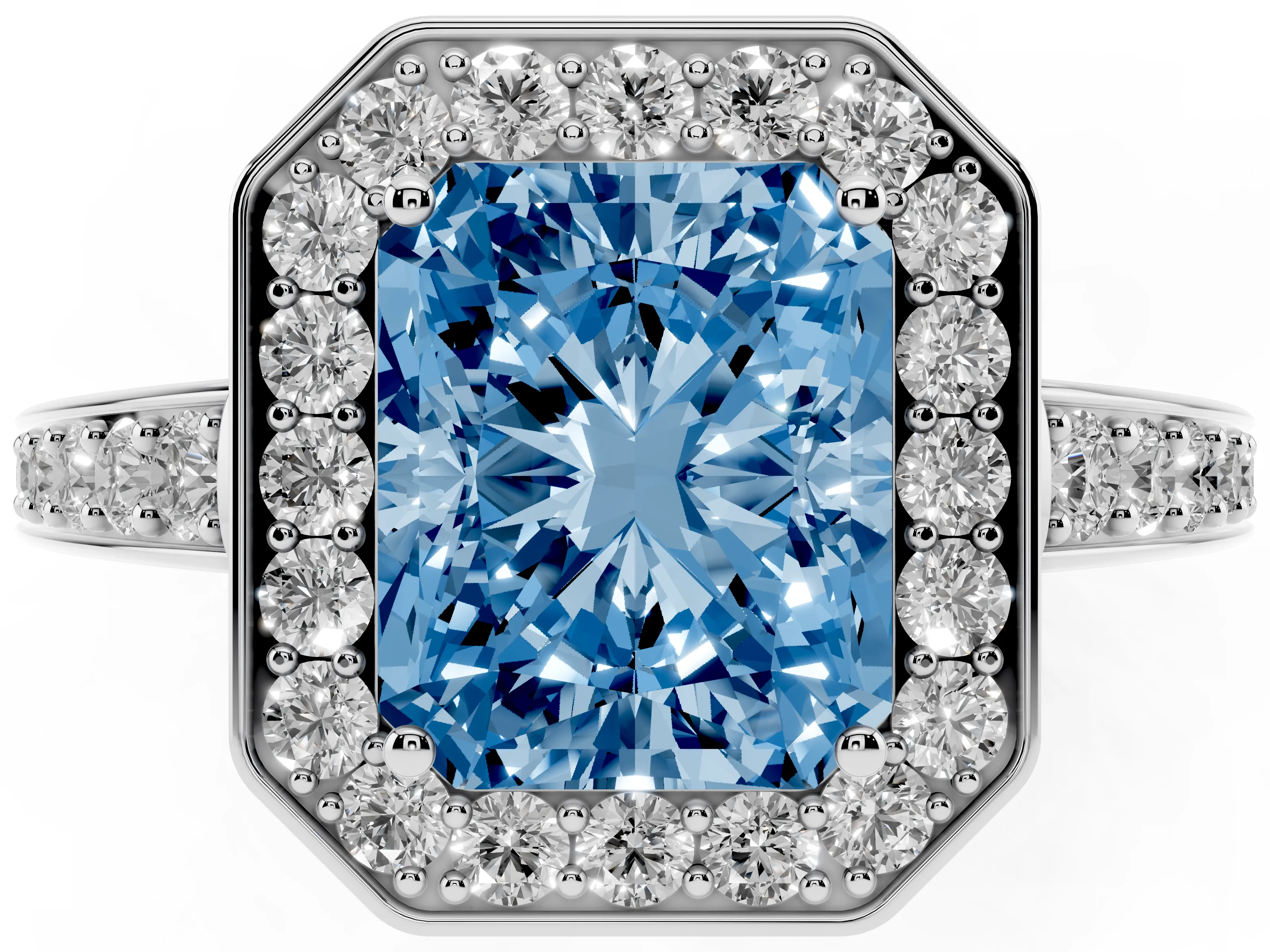Fancy Blue Radiant Cut Diamond Halo Pavé Engagement Ring Set in White gold with Bezel Setting