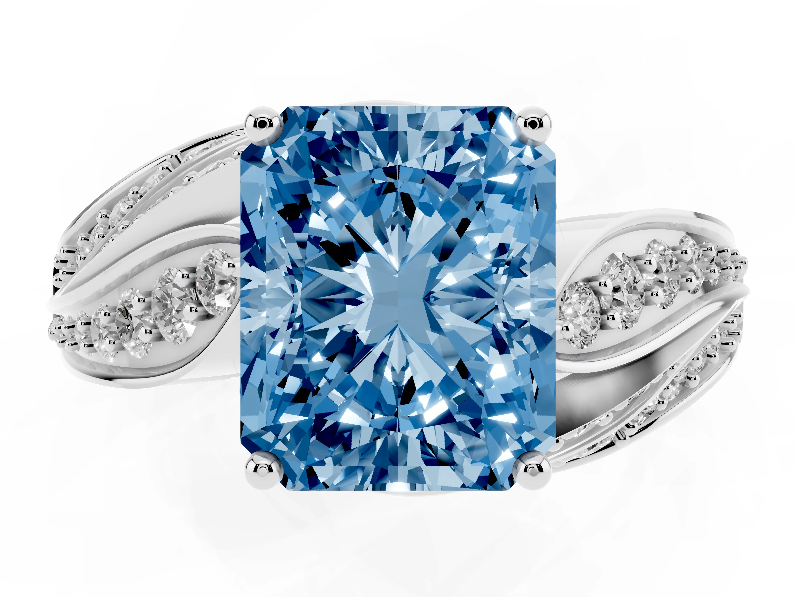 Fancy Blue Radiant Cut Diamond Solitaire Ring Set in White gold with Layered Twist Pavé Band