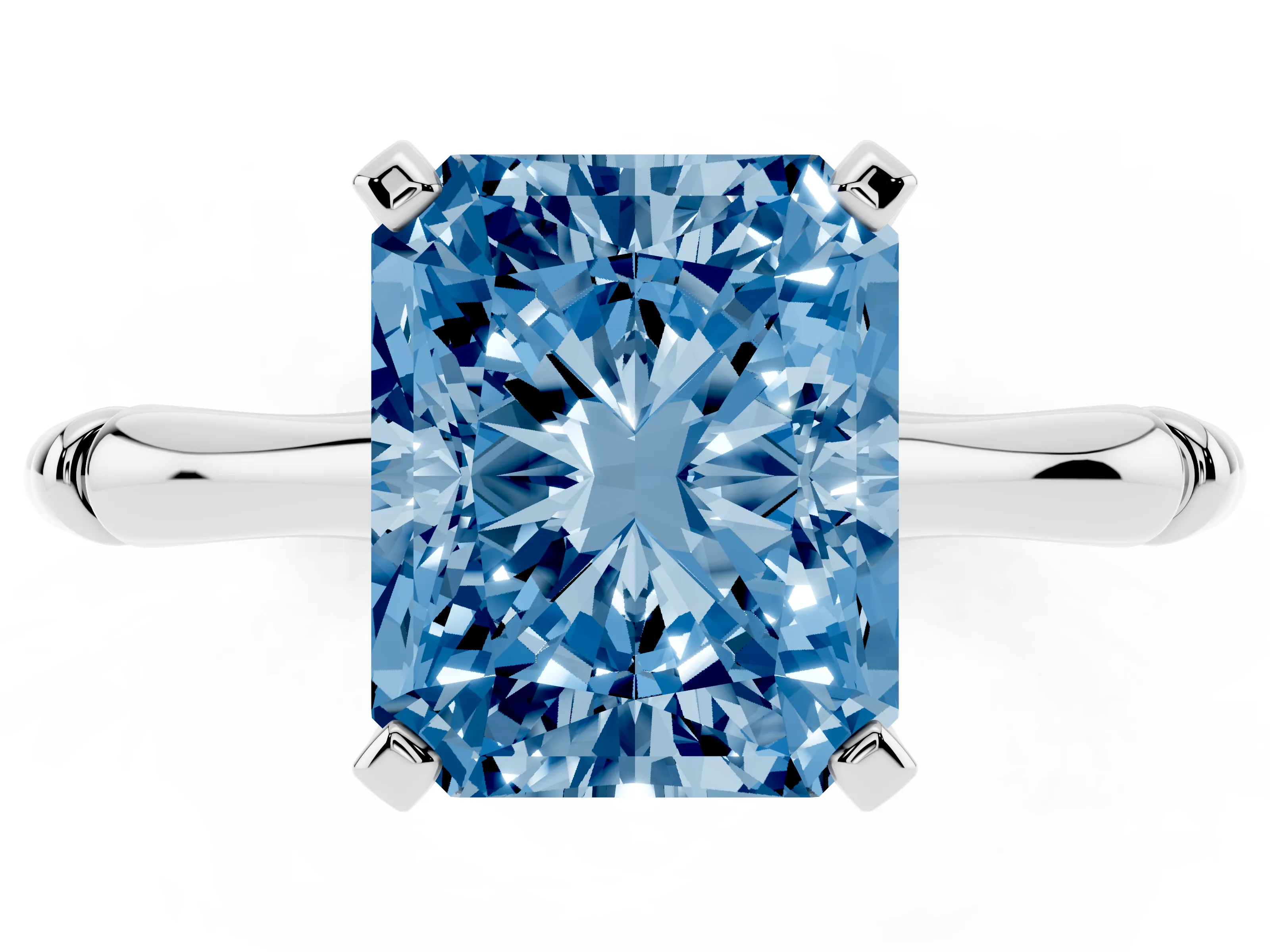 Fancy Blue Radiant Cut Diamond Solitaire Ring Set in White gold with Bamboo Band and Prong Setting
