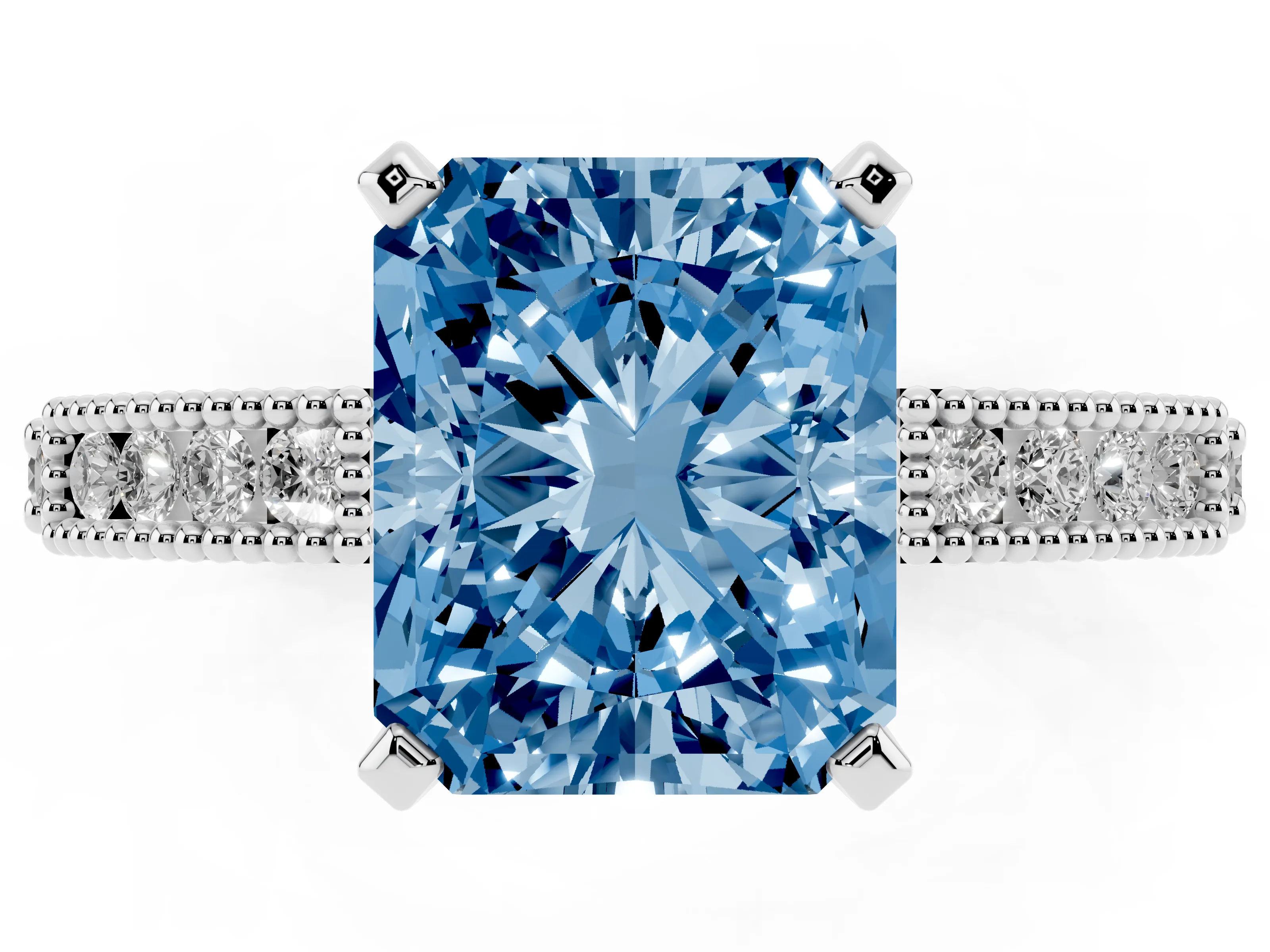 Fancy Blue Radiant Cut Diamond Solitaire Ring Set in White gold with Slim Pavé Band and Prong Setting