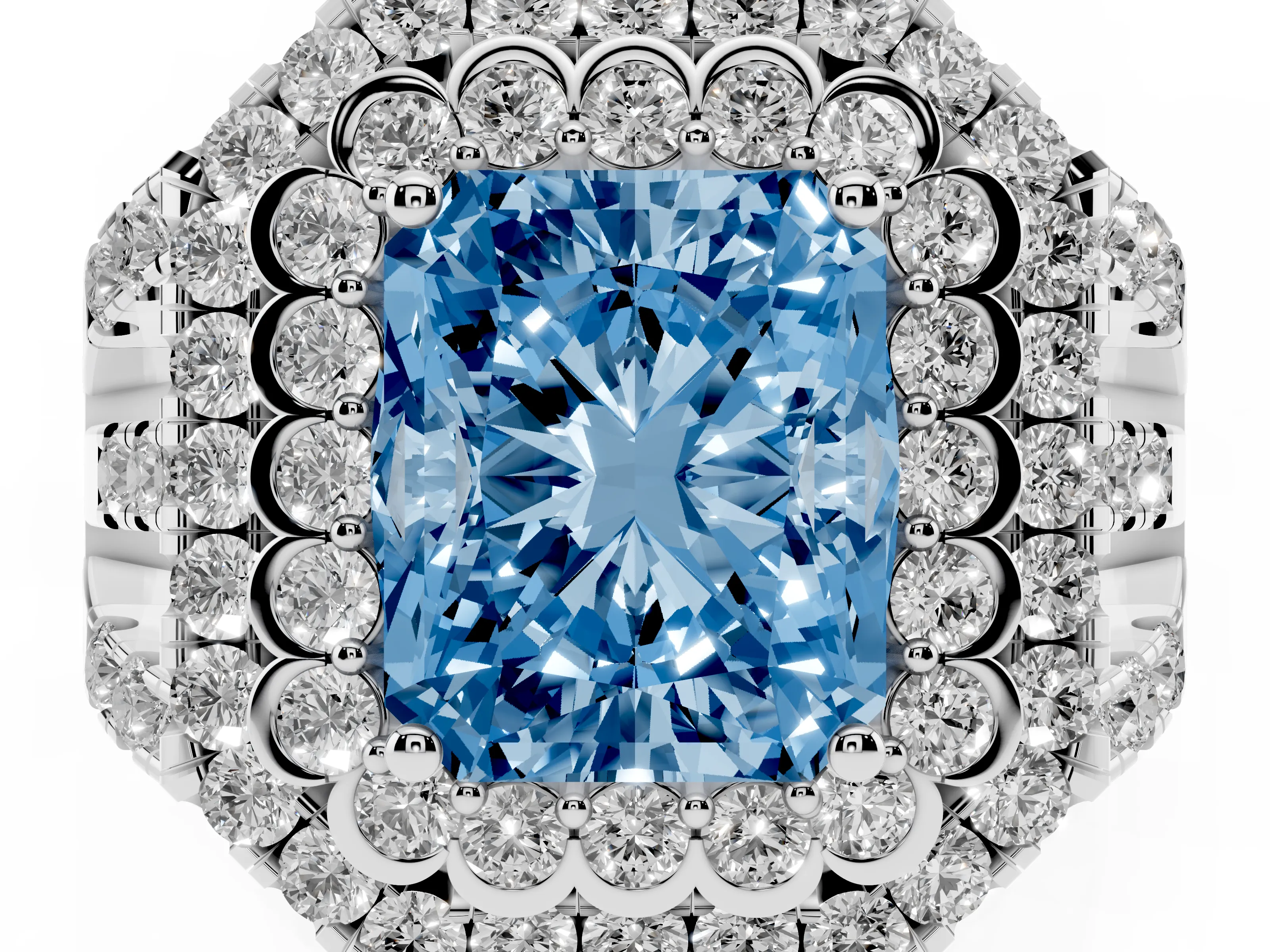 Fancy Blue Radiant Cut Diamond Double Halo Ring Set in White gold with Round Pavé Split Shank