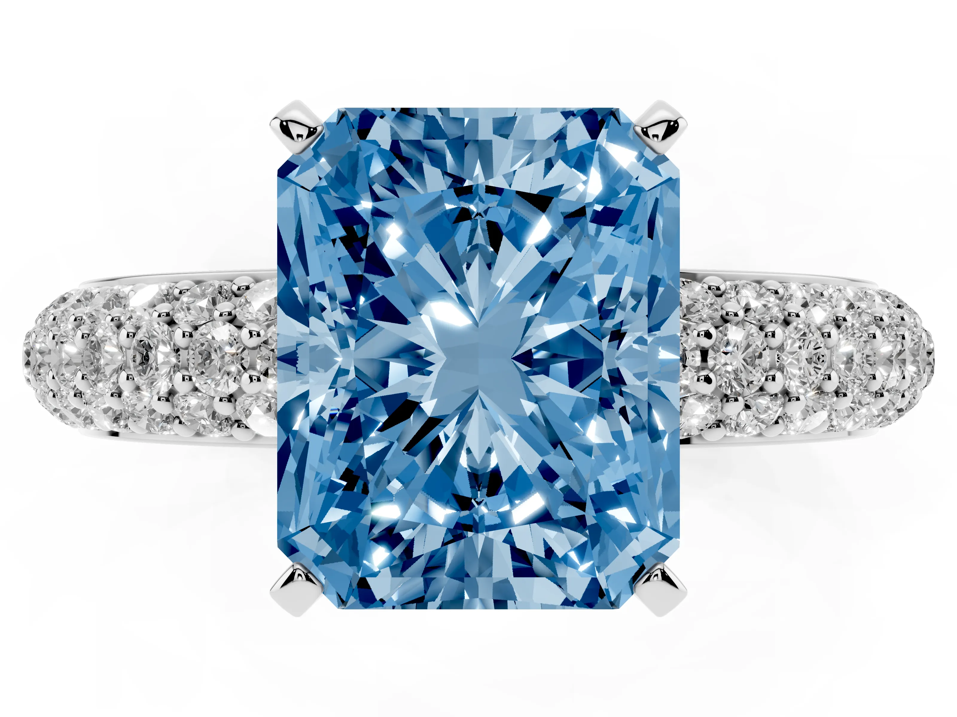 Fancy Blue Radiant Cut Diamond Solitaire Ring Set in Platinum with Prong Setting and Pavé-Set Band