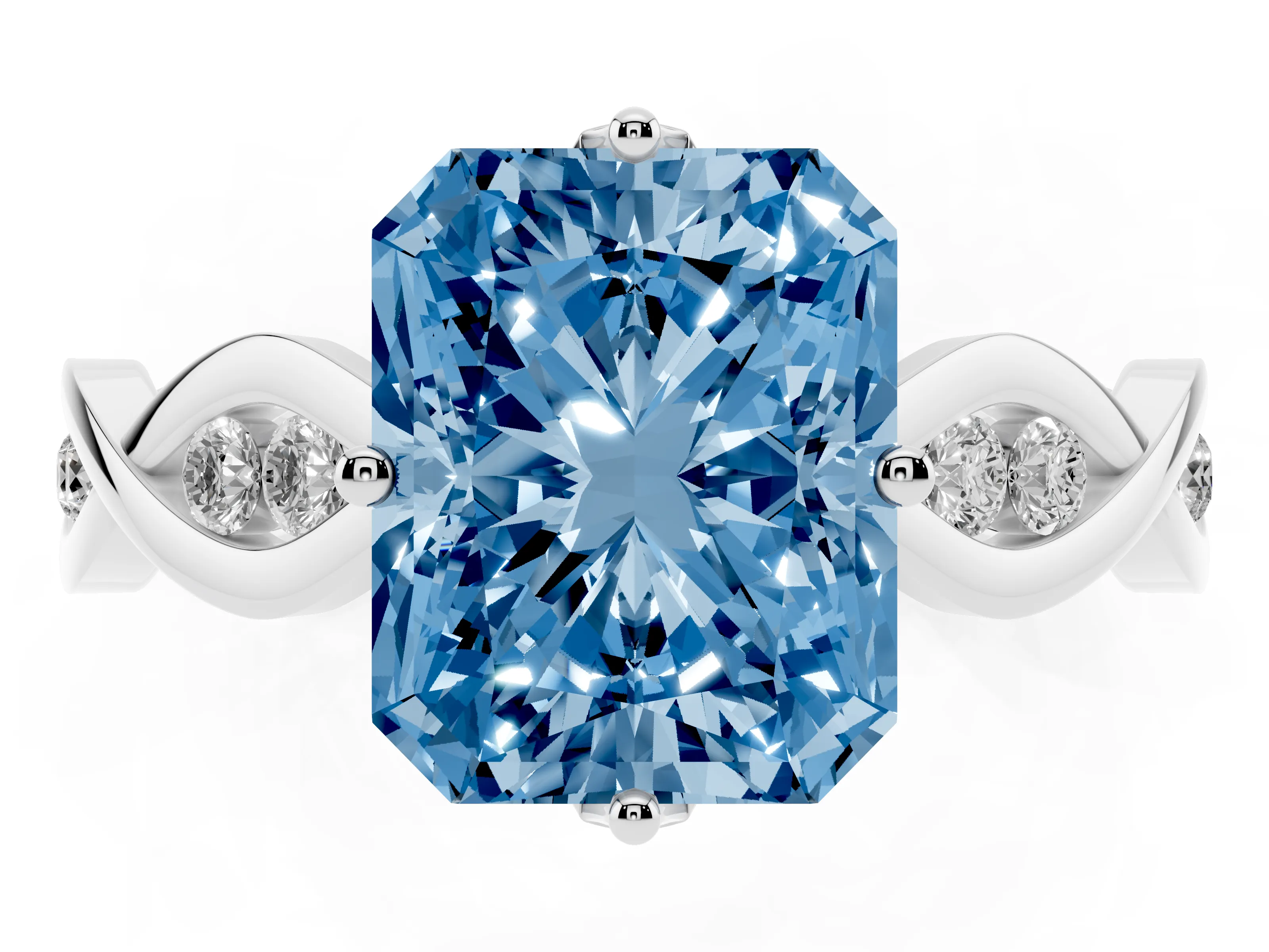 Fancy Blue Radiant Cut Diamond Twist Band Solitaire Ring Set in White gold with Leaf Prong Setting and Accent Stones
