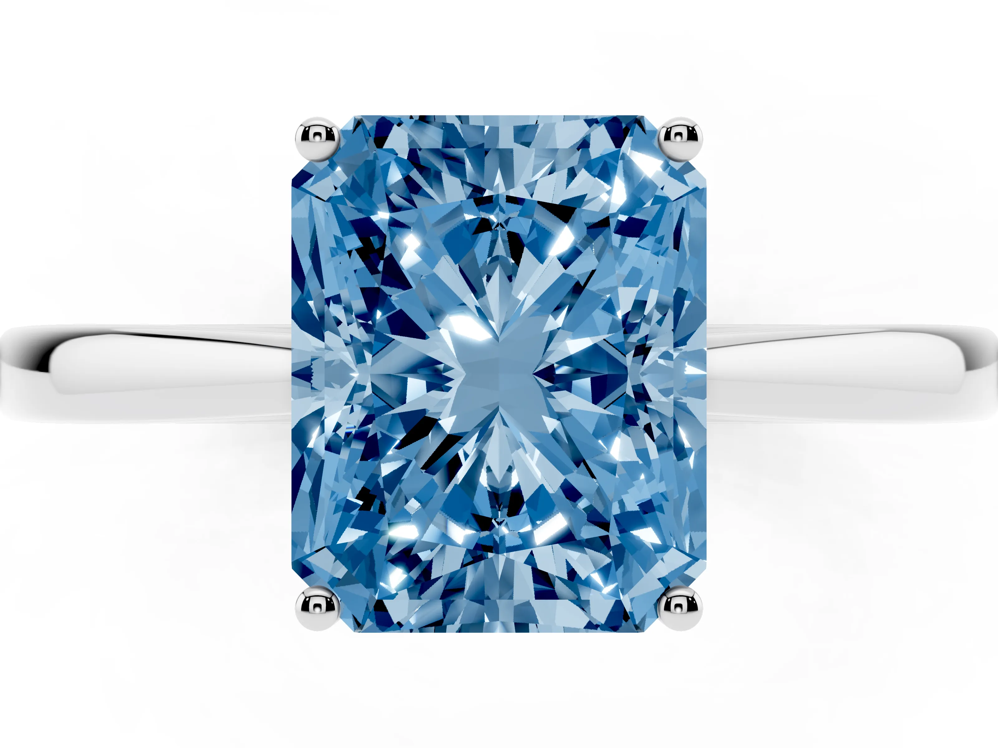 Fancy Blue Radiant Cut Diamond Solitaire Ring Set in Silver with Split Shank and Prong Setting