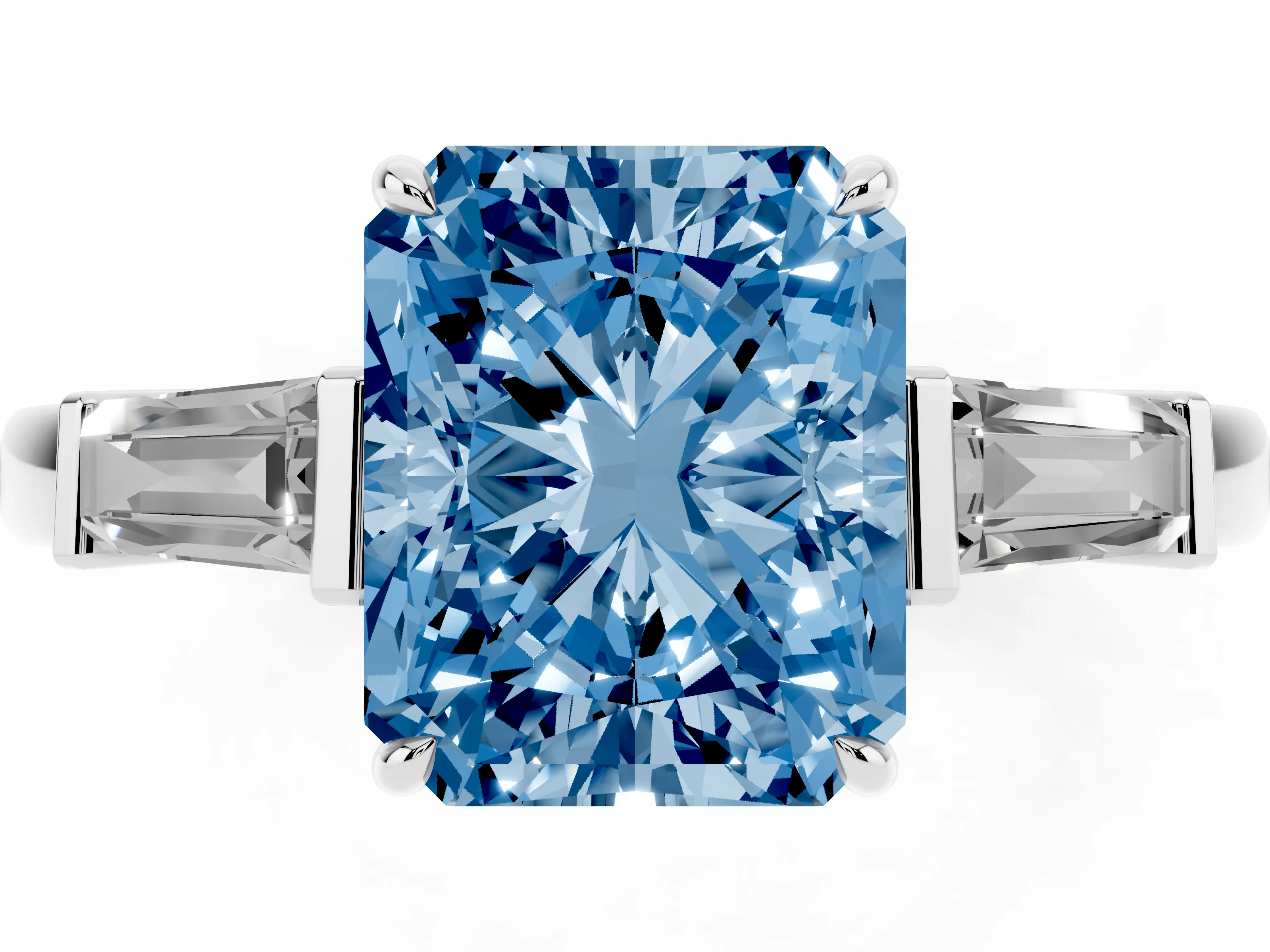 Fancy Blue Radiant Cut Diamond Three-Stone Ring Set in Silver with Tapered Baguette Side Stones and Prong Setting