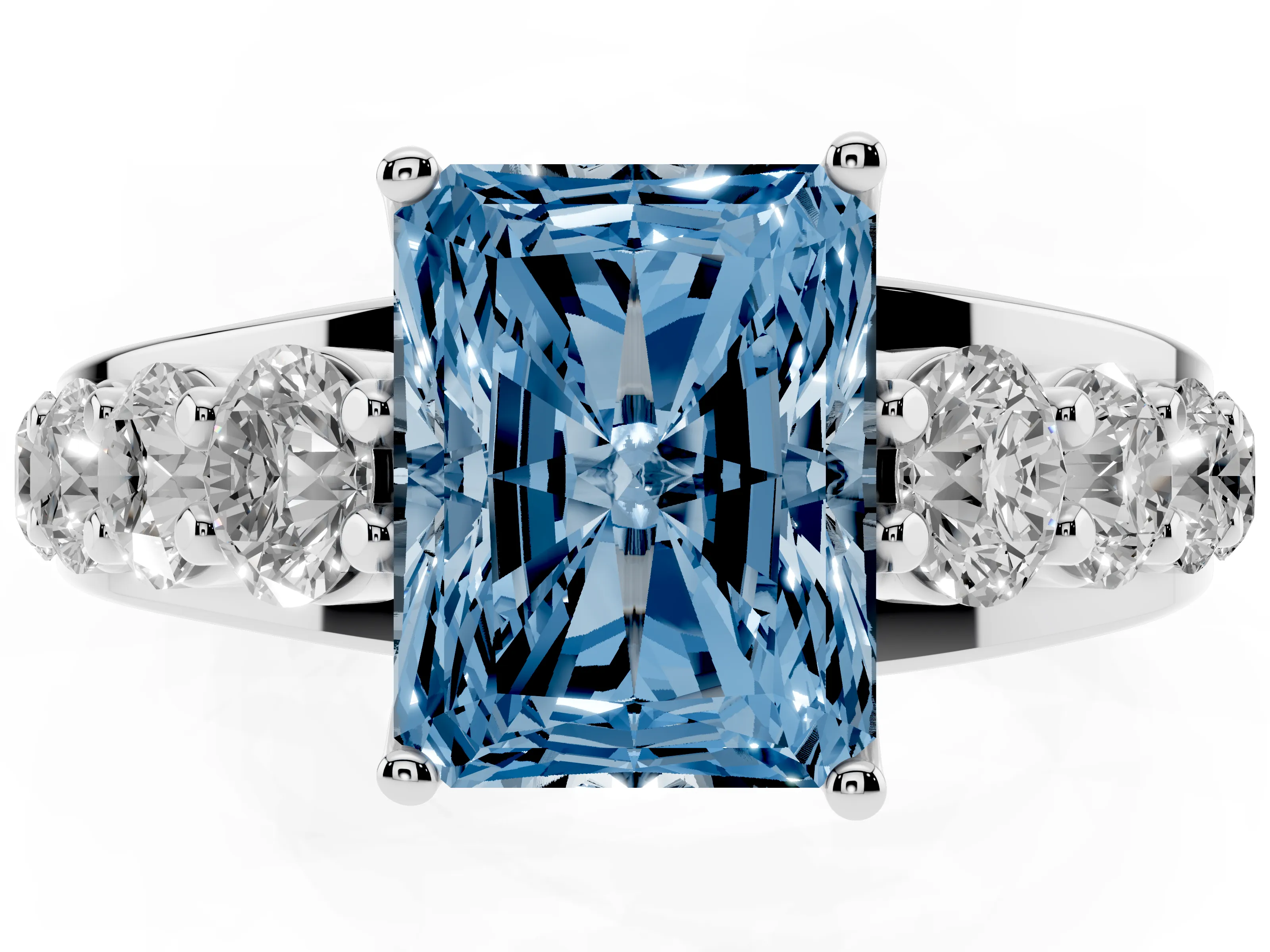 Fancy Blue Radiant Cut Diamond Pavé Engagement Ring Set in Silver with Prong Setting