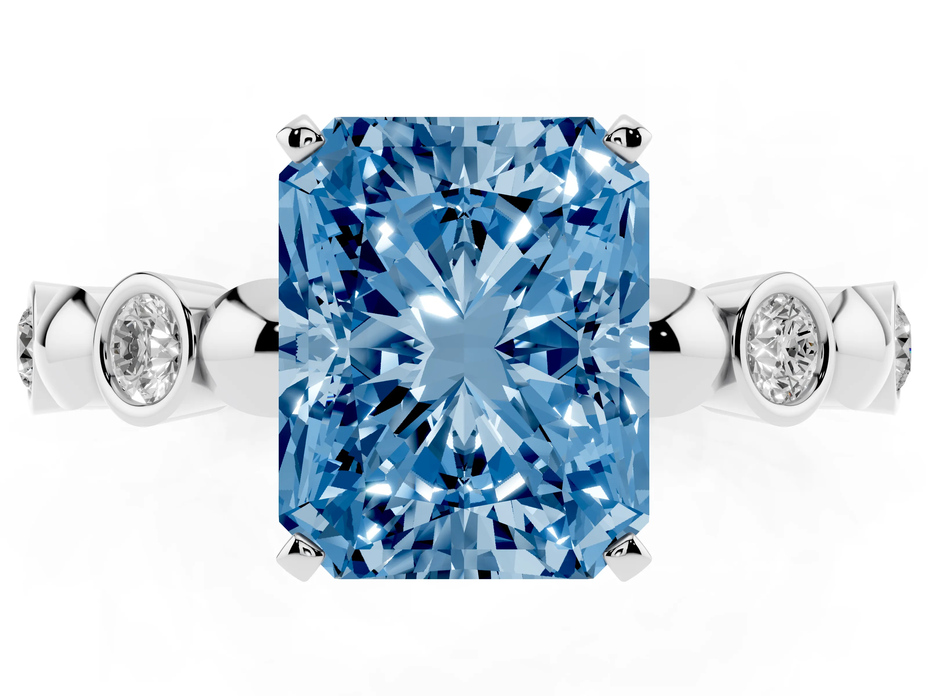 Fancy Blue Radiant Cut Diamond Solitaire Ring Set in White gold with Bezel-Set Accents on Beaded Band and Prong Setting