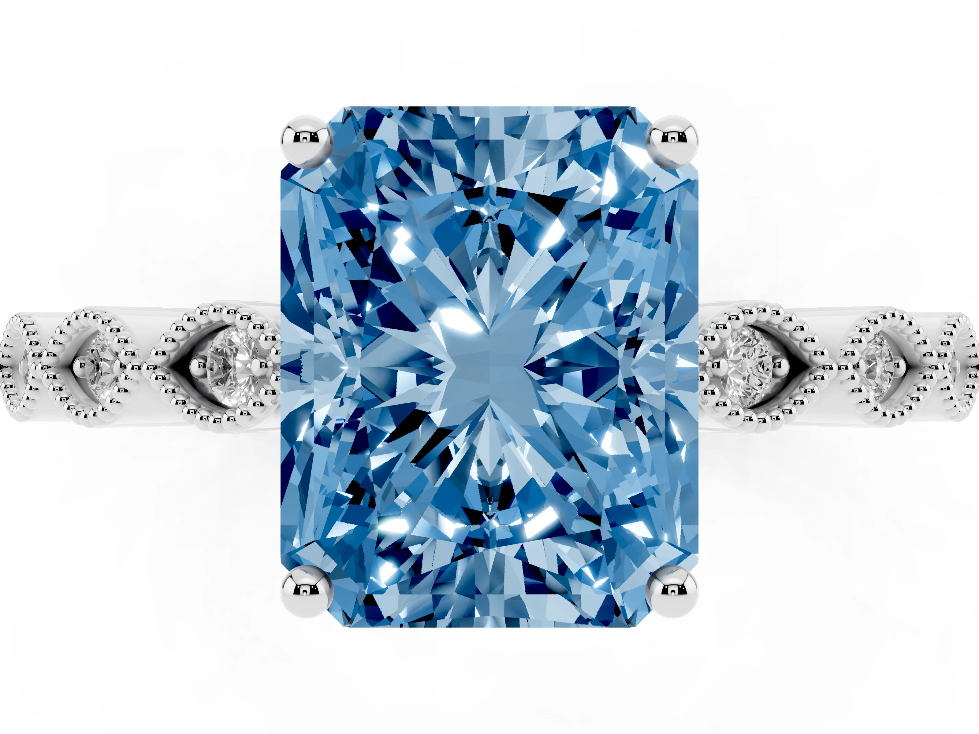Fancy Blue Radiant Cut Diamond Solitaire Ring Set in Platinum with Infinity Twist Pavé Band