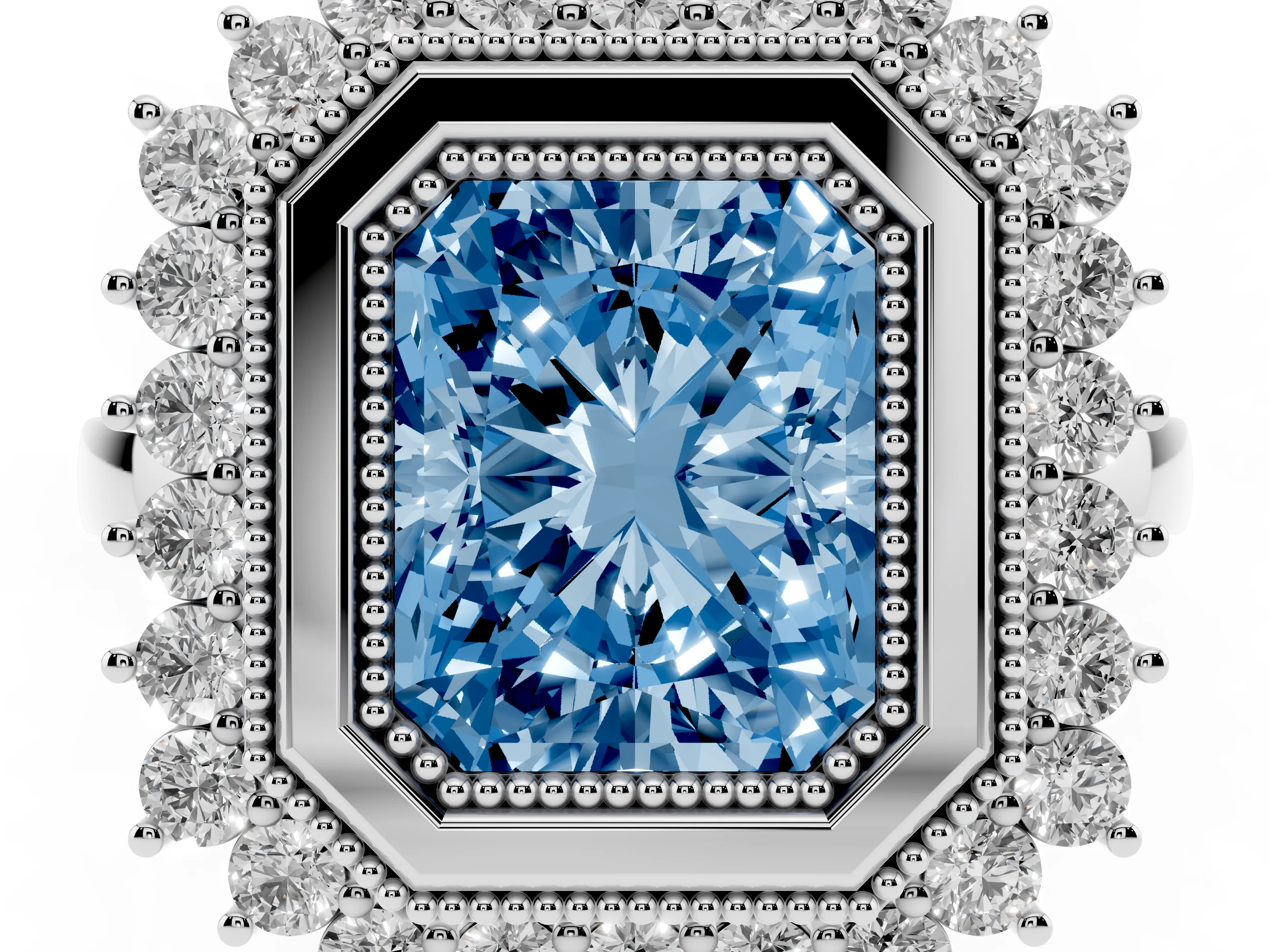 Fancy Blue Radiant Cut Diamond Halo Ring Set in Silver with Milgrain Edge and Round Prong Setting