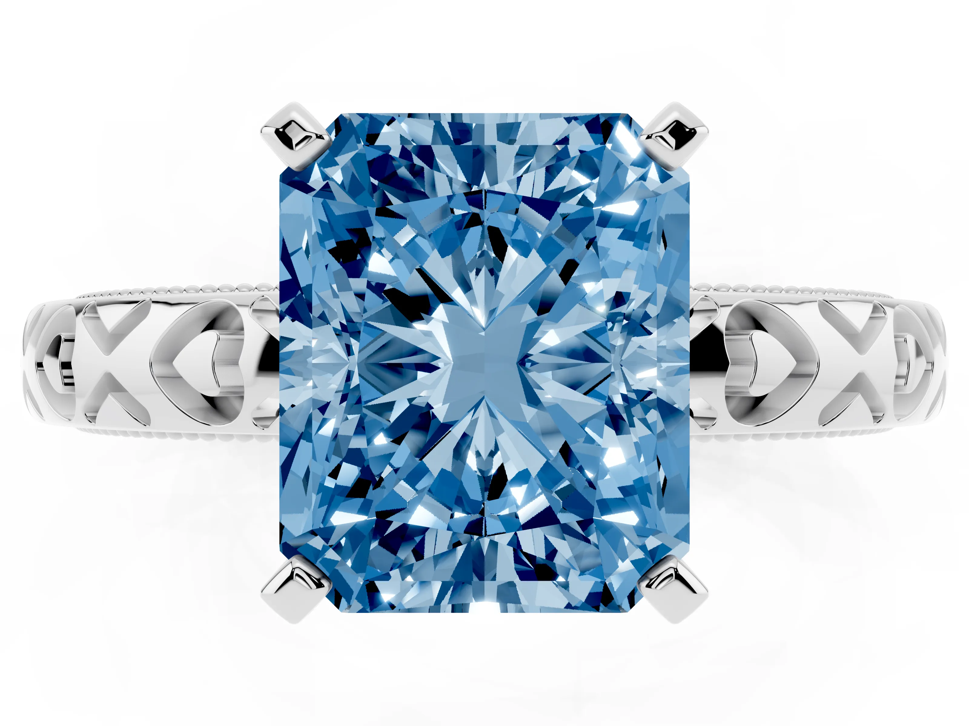 Fancy Blue Radiant Cut Diamond Solitaire Engagement Ring Set in Platinum with XO Engraved Band and Prong Setting