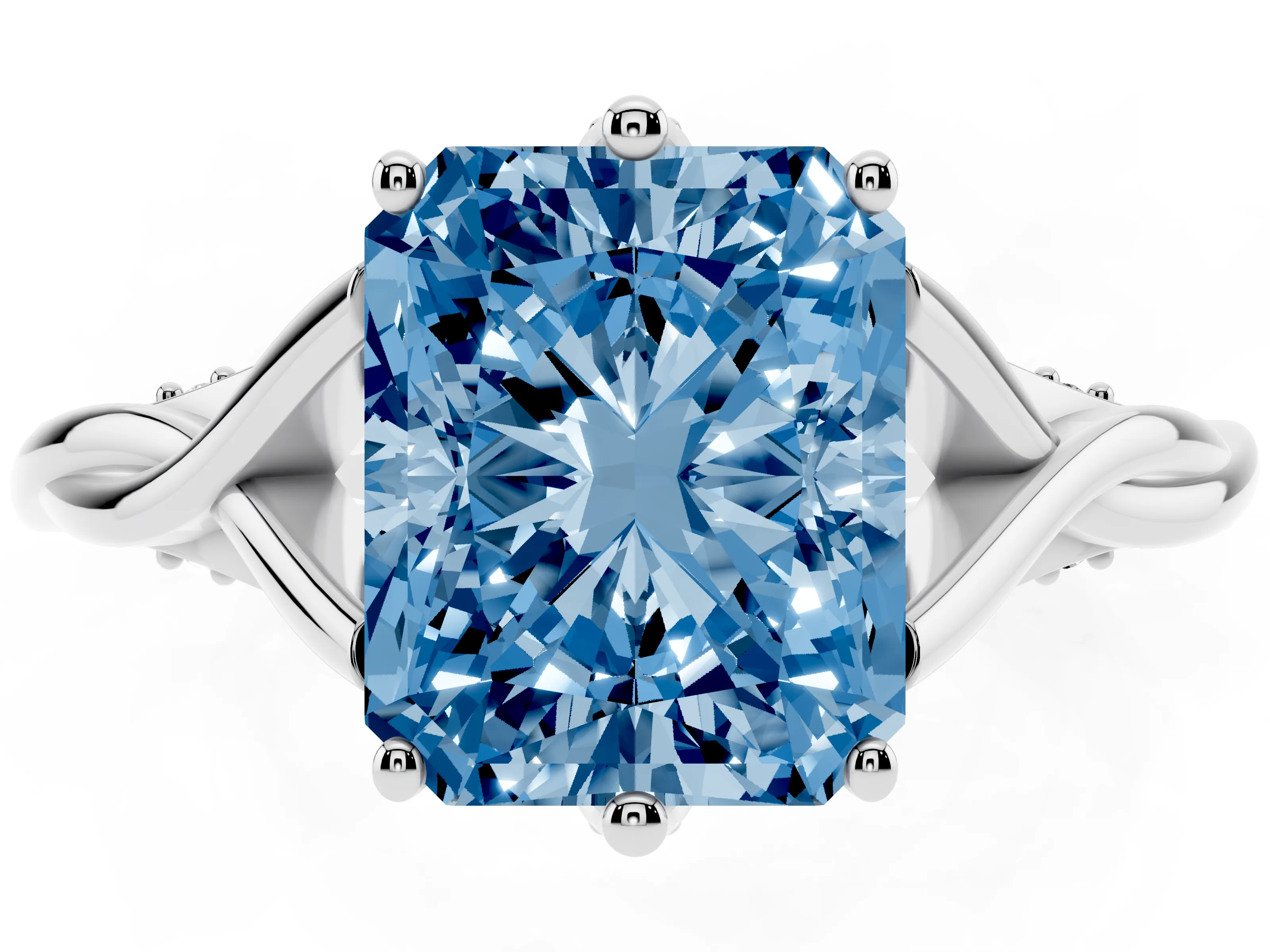 Fancy Blue Radiant Cut Diamond Intertwined Twist Band Solitaire Ring Set in White gold with Prong Setting