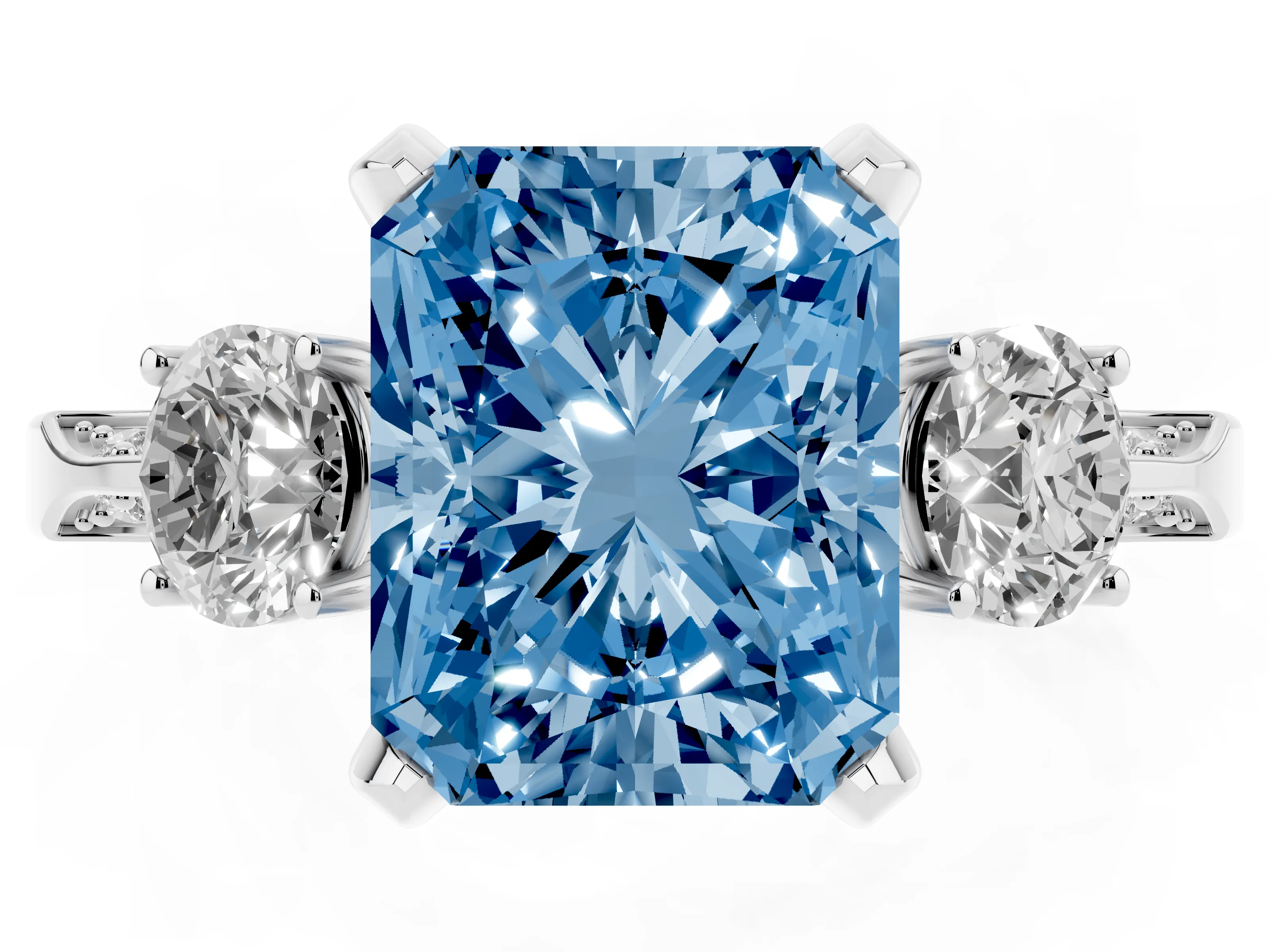 Fancy Blue Radiant Cut Diamond Three-Stone Ring Set in White gold with Pavé Band and Smaller Side Stones