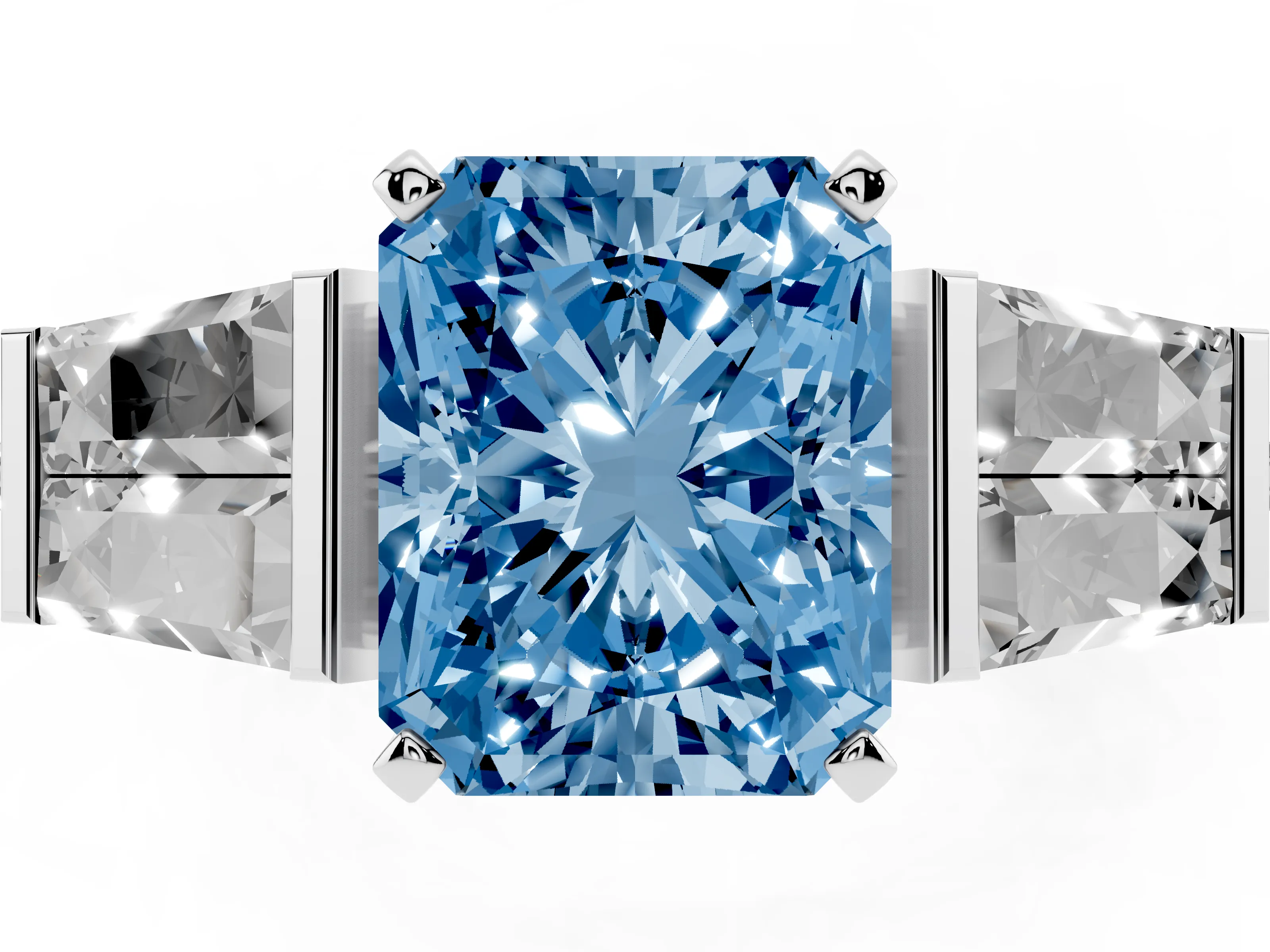 Fancy Blue Radiant Cut Diamond Engagement Ring Set in Silver with Baguette Side Stones and Channel Set Band