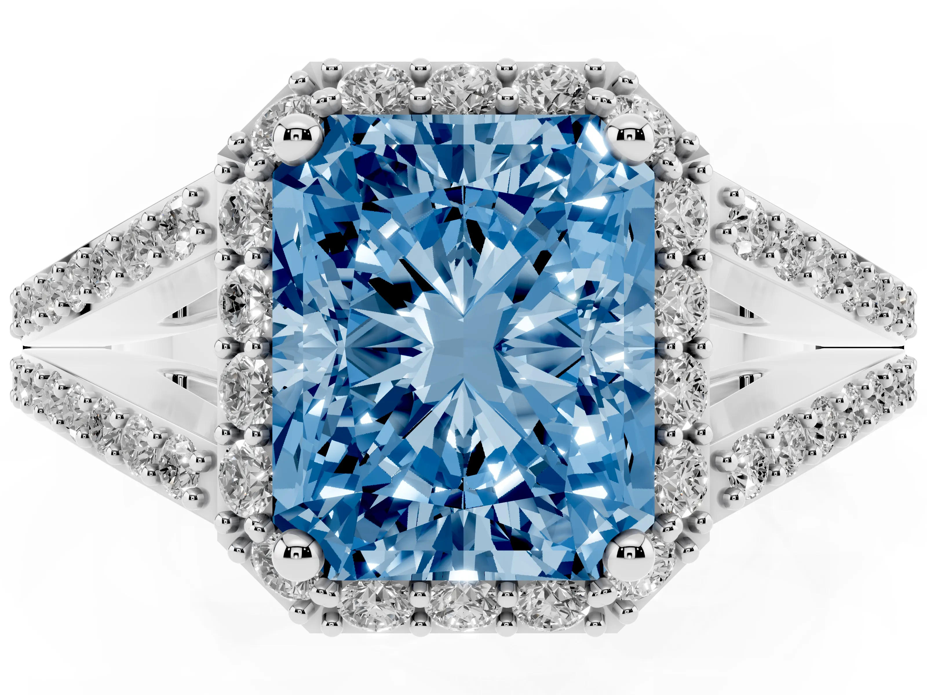 Fancy Blue Radiant Cut Diamond Halo Split Shank Pavé Ring Set in Silver with Prong Setting