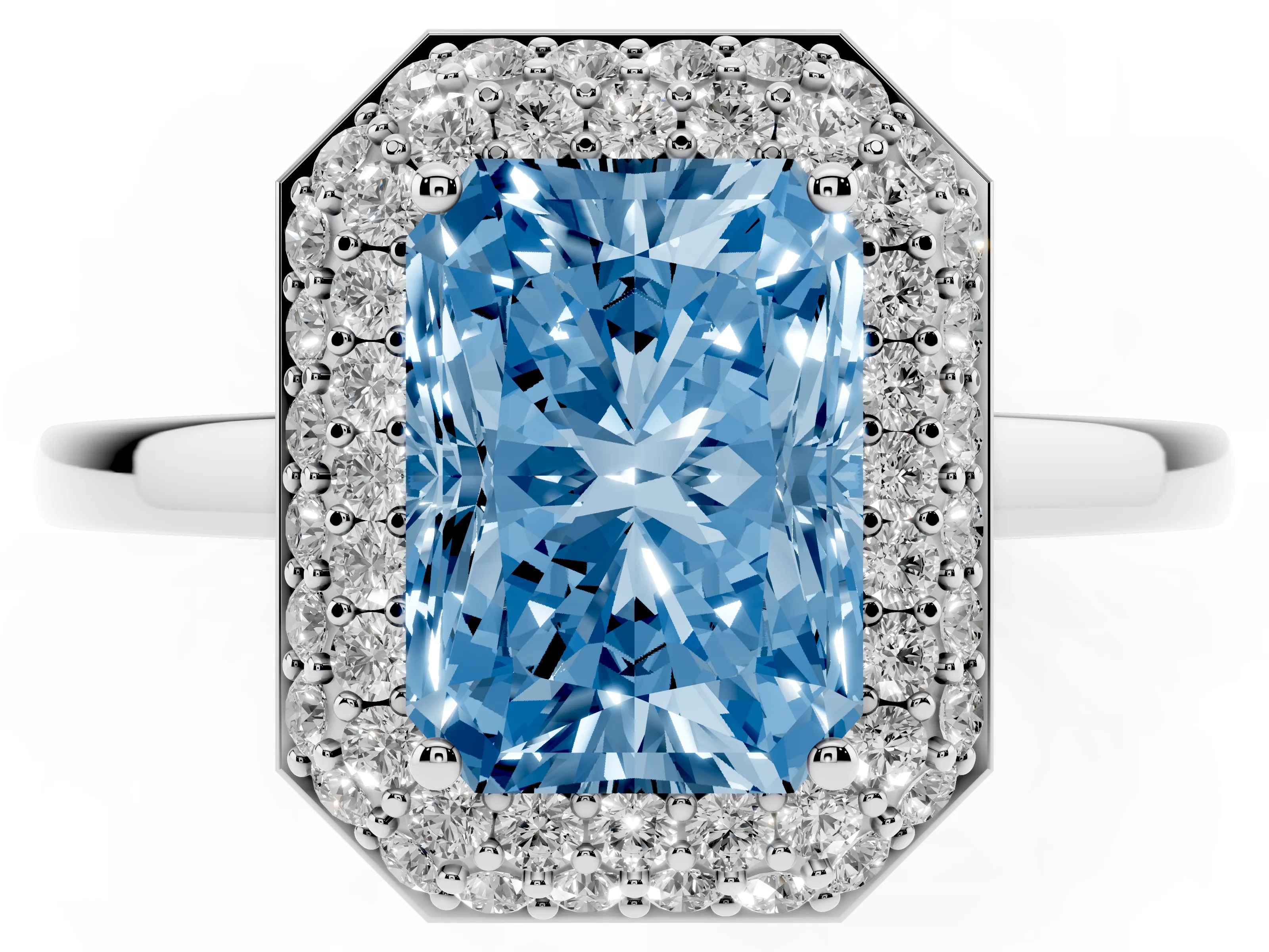Fancy Blue Radiant Cut Diamond Halo Engagement Ring Set in Platinum with Solitaire Band and Prong Setting