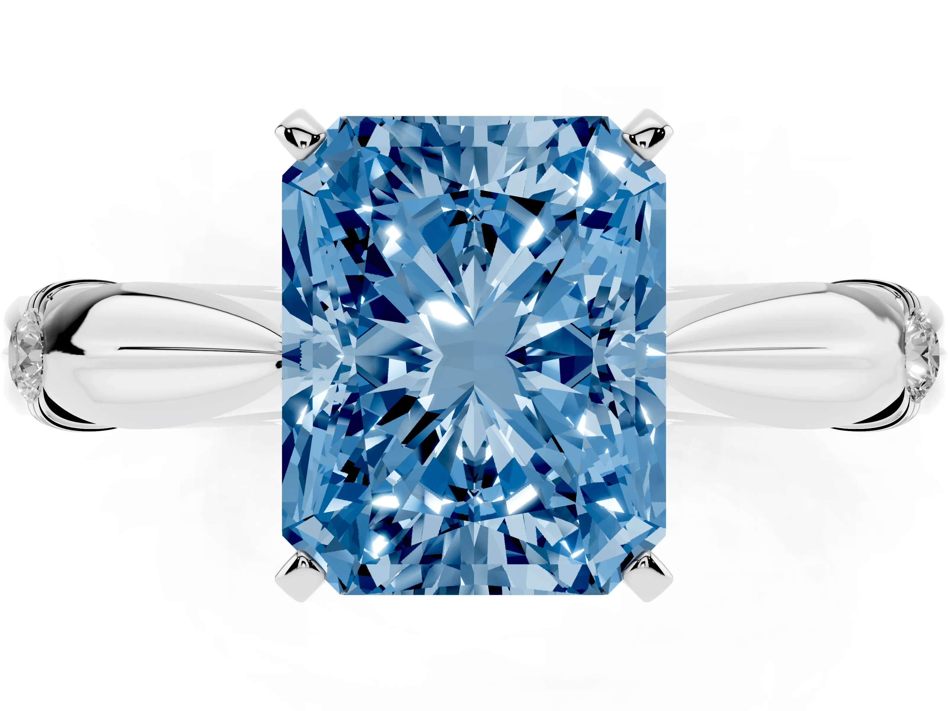 Fancy Blue Radiant Cut Diamond Solitaire Twisted Band Ring Set in Platinum with Accent Stones and Prong Setting