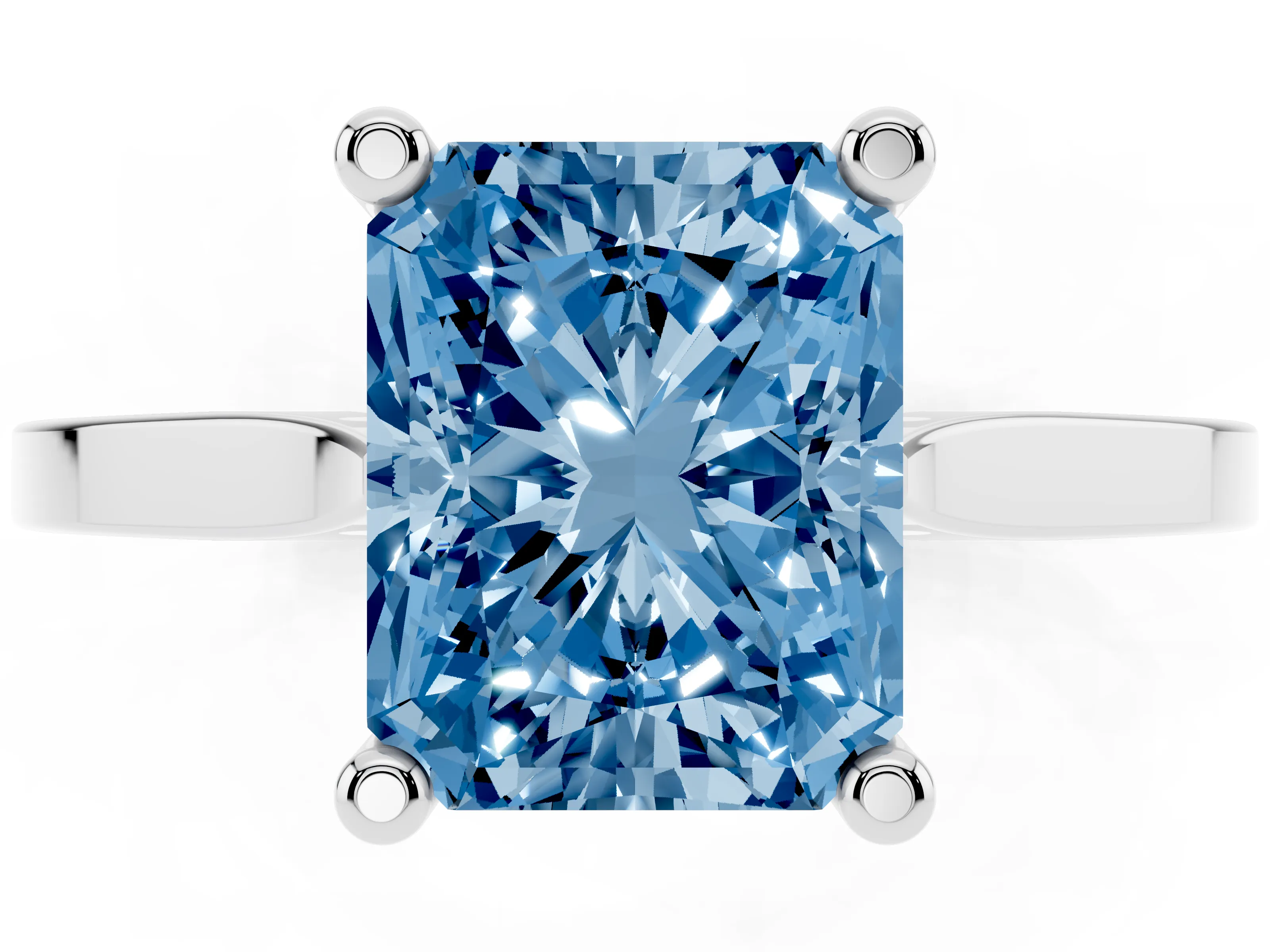 Fancy Blue Radiant Cut Diamond Solitaire Ring Set in White gold with Prong Setting and Tapered Band