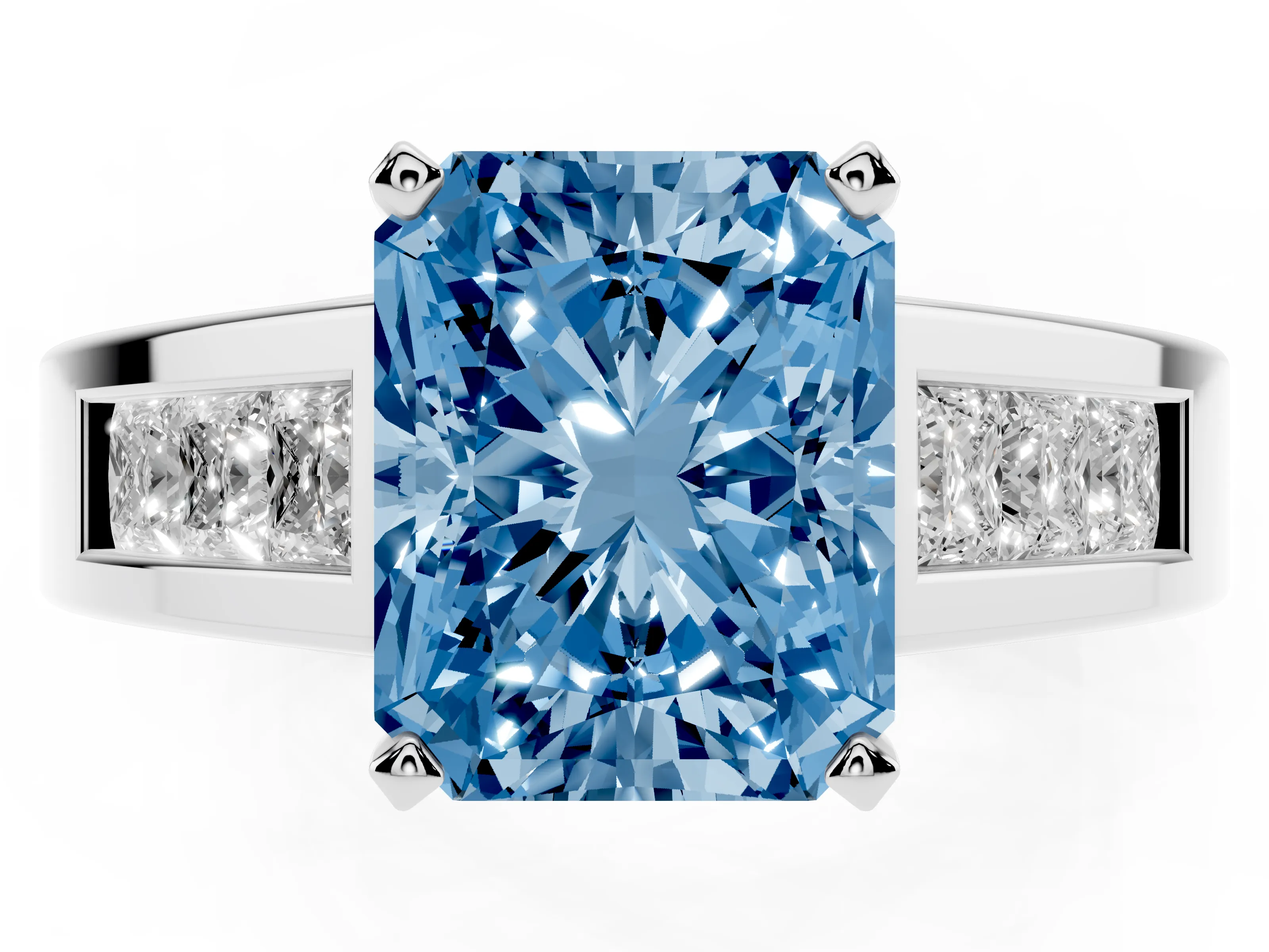 Fancy Blue Radiant Cut Diamond Solitaire Ring Set in Silver with Channel-Set Accent Stones and Prong Setting
