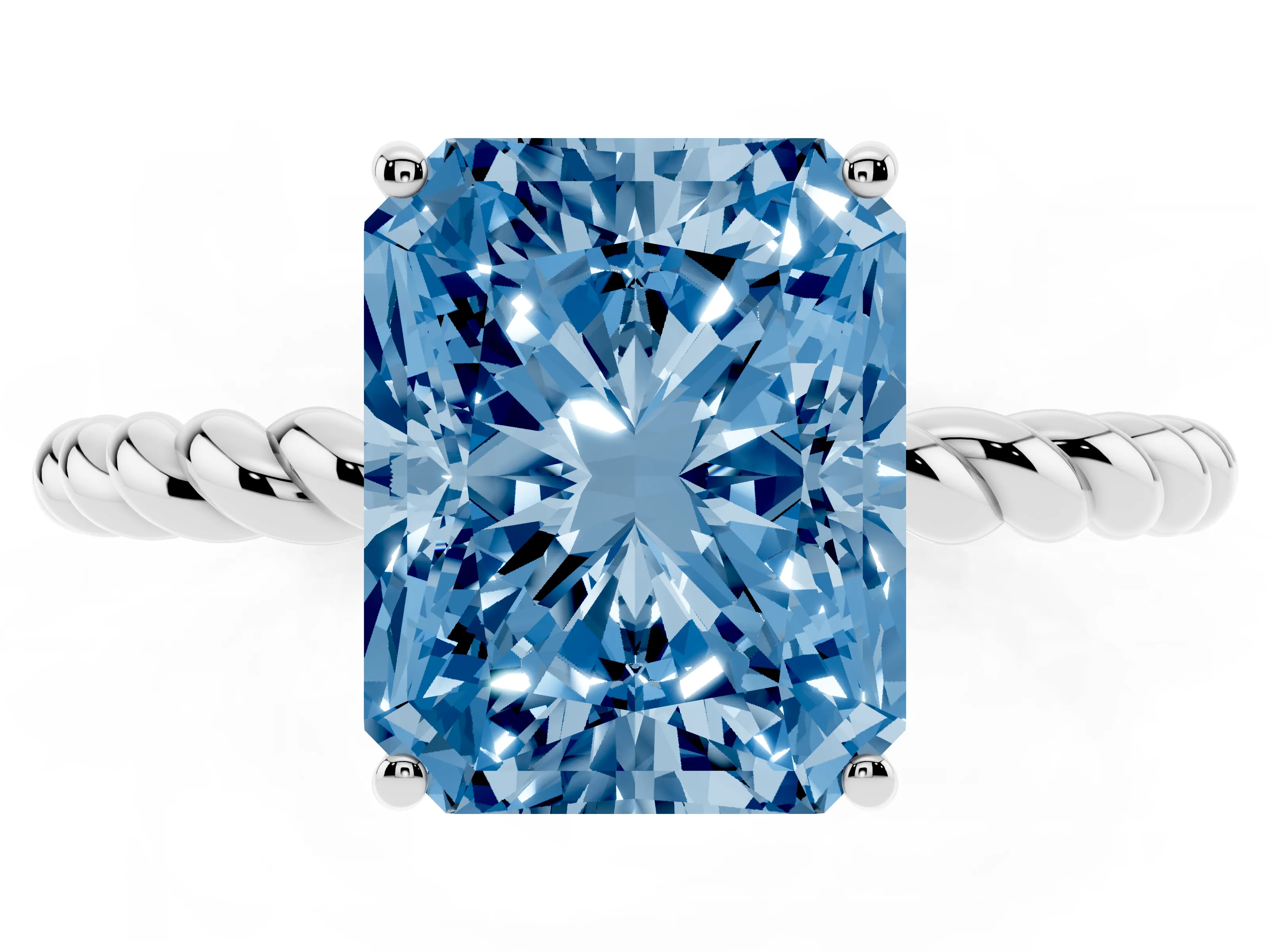 Fancy Blue Radiant Cut Diamond Solitaire Ring Set in White gold with Twist Band and Prong Setting