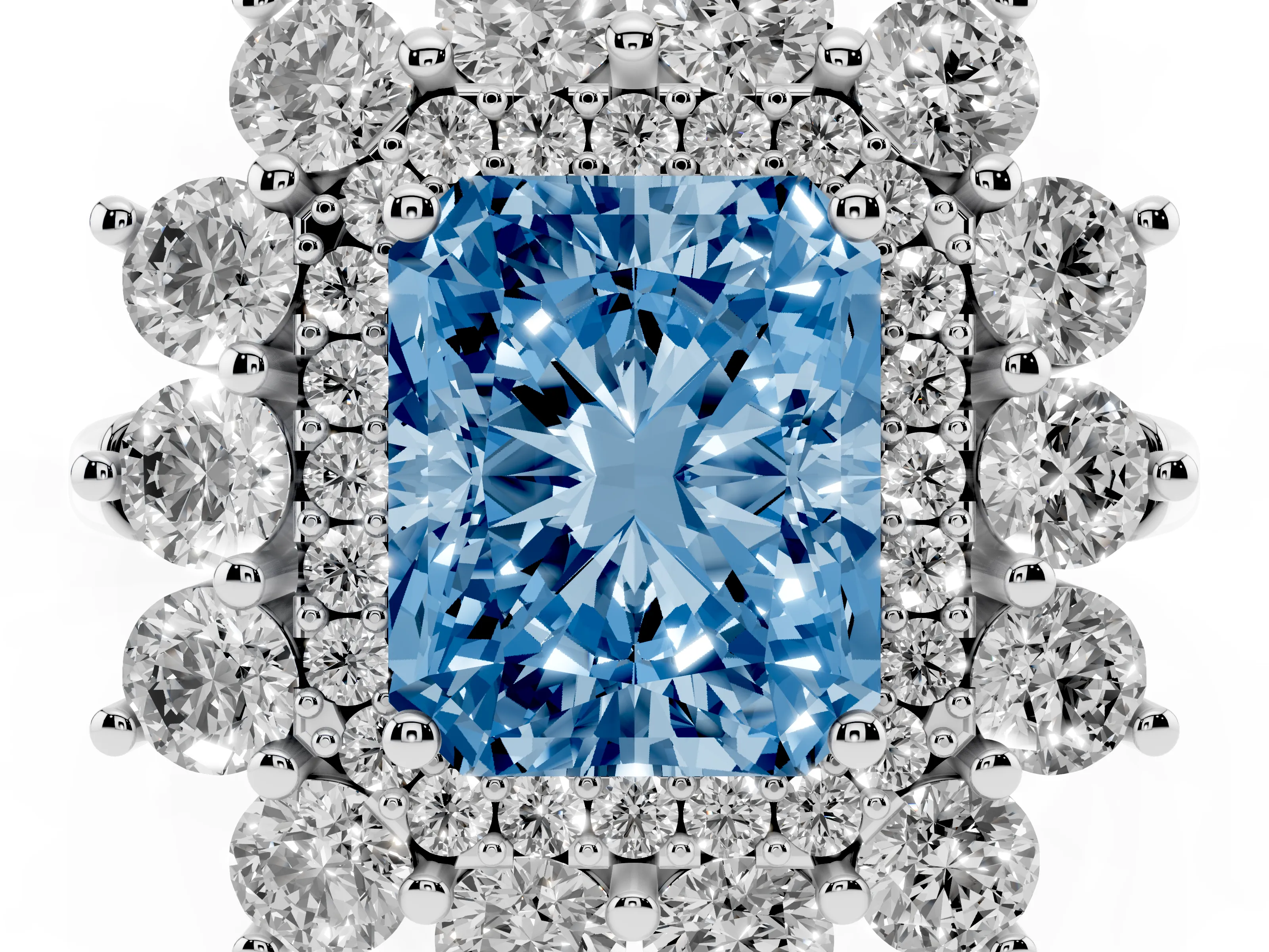Fancy Blue Radiant Cut Diamond Floral Double Halo Ring Set in Platinum with Round Petals