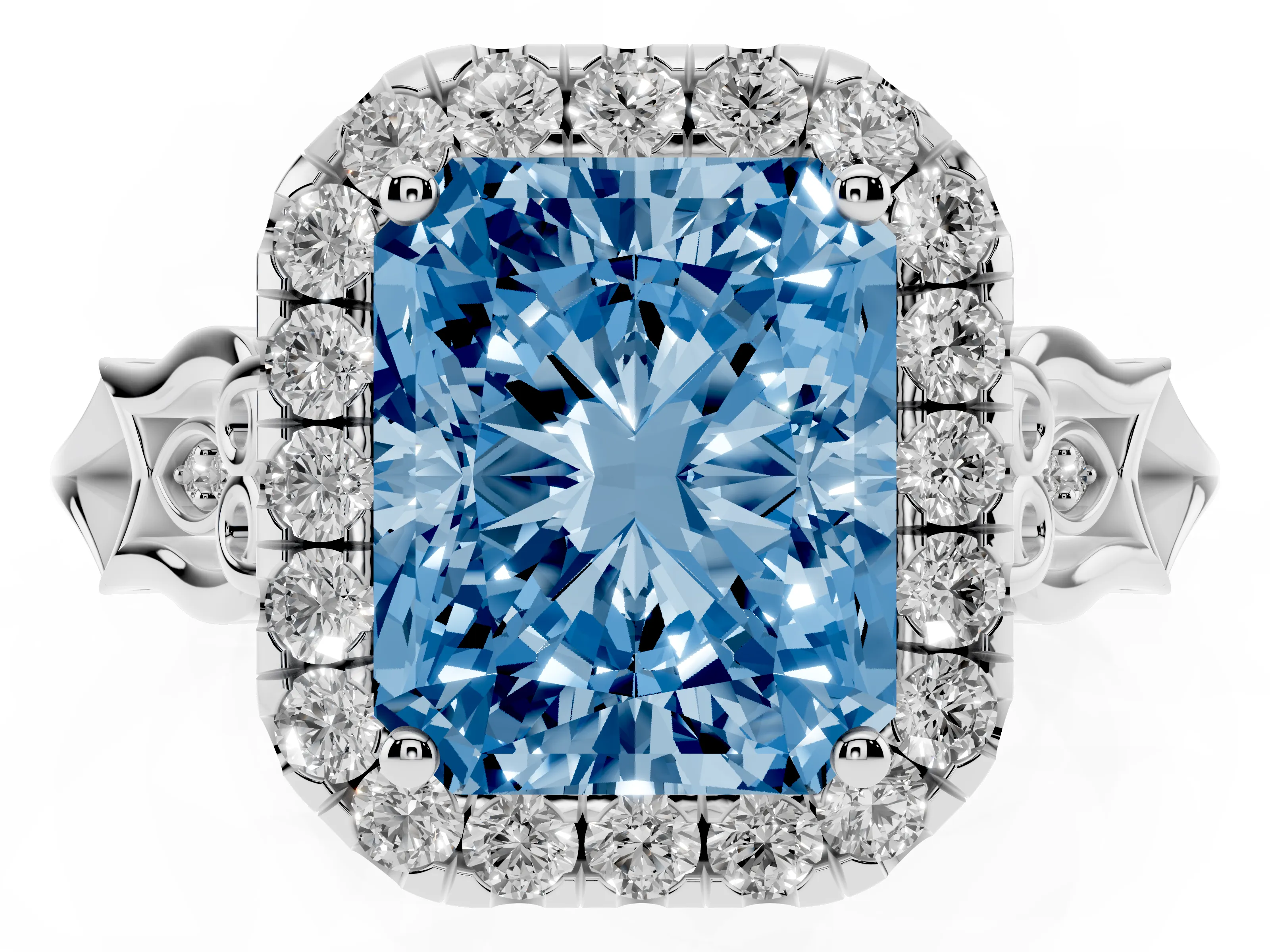 Fancy Blue Radiant Cut Diamond Halo Engagement Ring Set in White gold with Filigree Band and Prong-Set Center