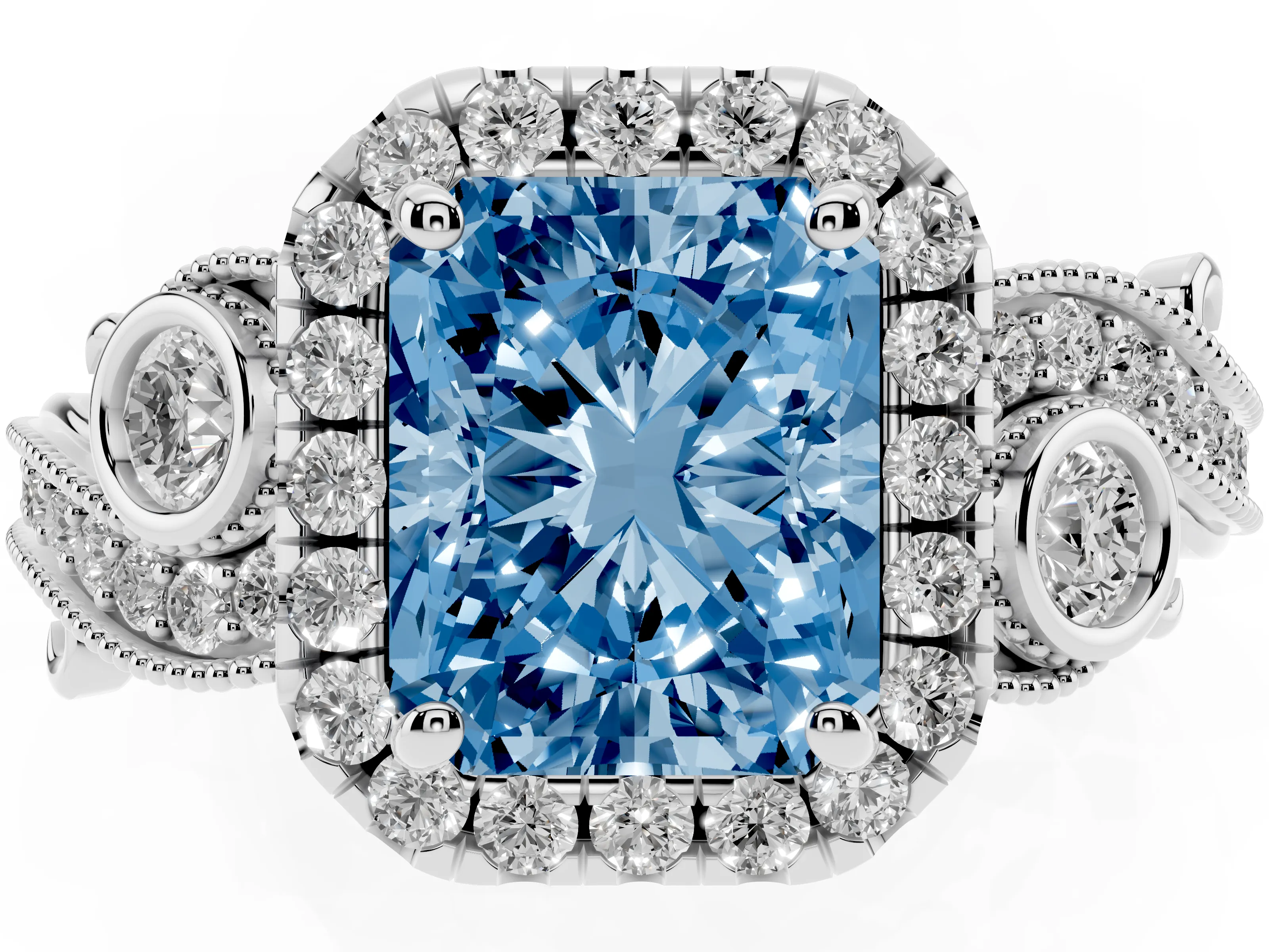 Fancy Blue Radiant Cut Diamond Halo Ring Set in Platinum with Milgrain Pavé Band and Prong Setting