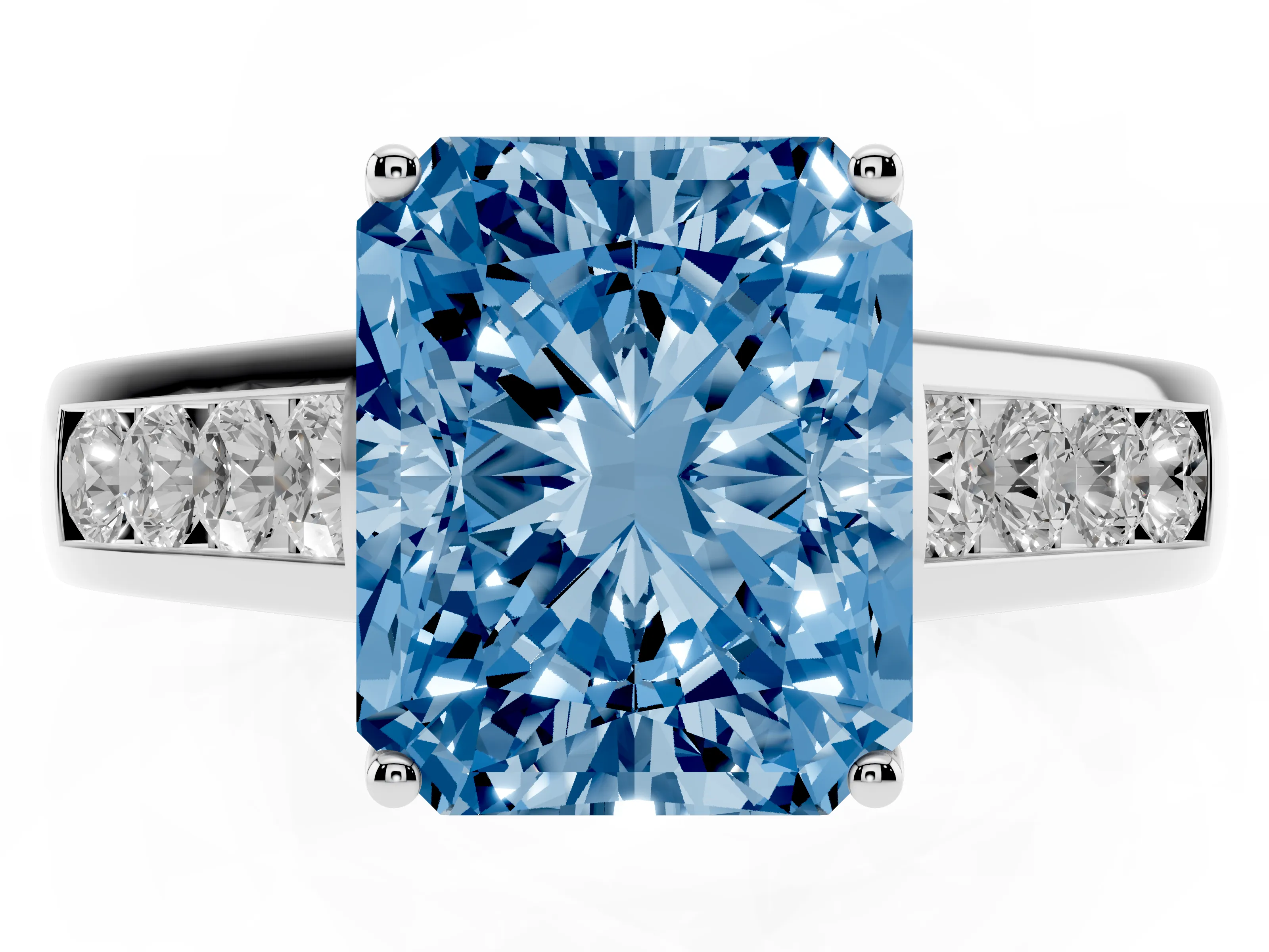 Fancy Blue Radiant Cut Diamond Brilliant Channel-Set Solitaire Ring Set in White gold with Prong Setting