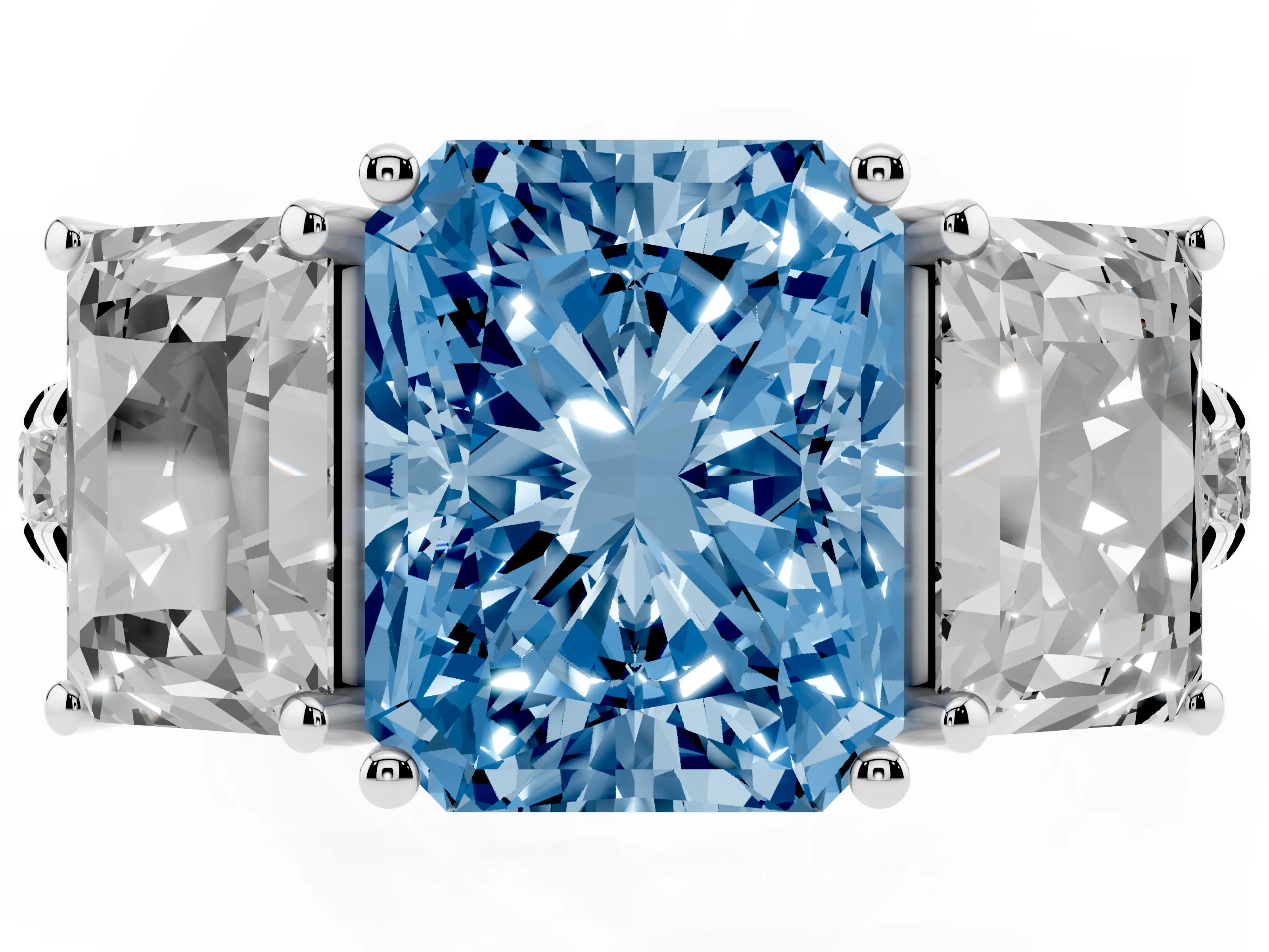 Fancy Blue Radiant Cut Diamond Three-Stone Ring Set in Platinum with Pavé Band