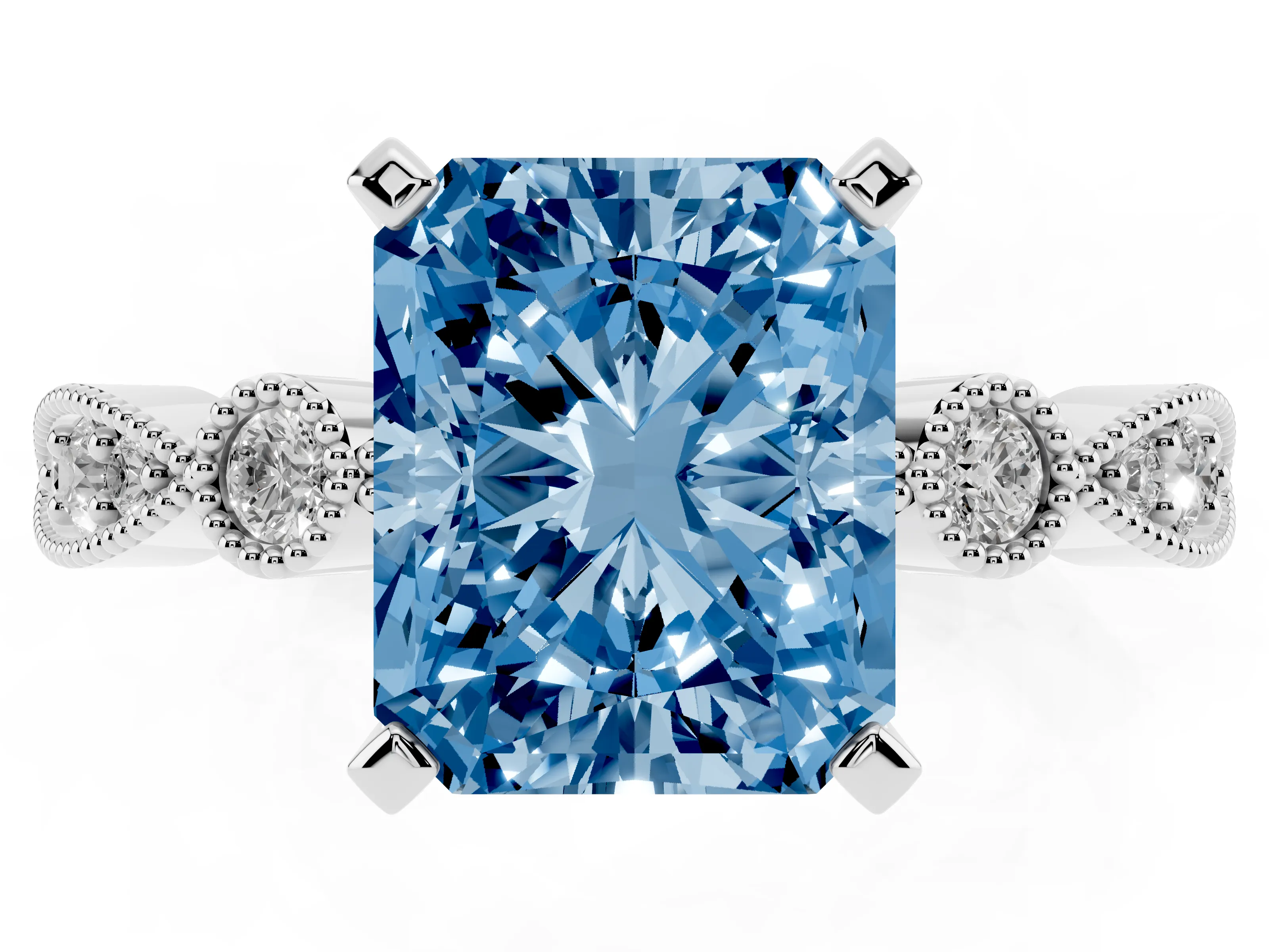 Fancy Blue Radiant Cut Diamond Solitaire Engagement Ring Set in Silver with Milgrain Bezel Accent Band