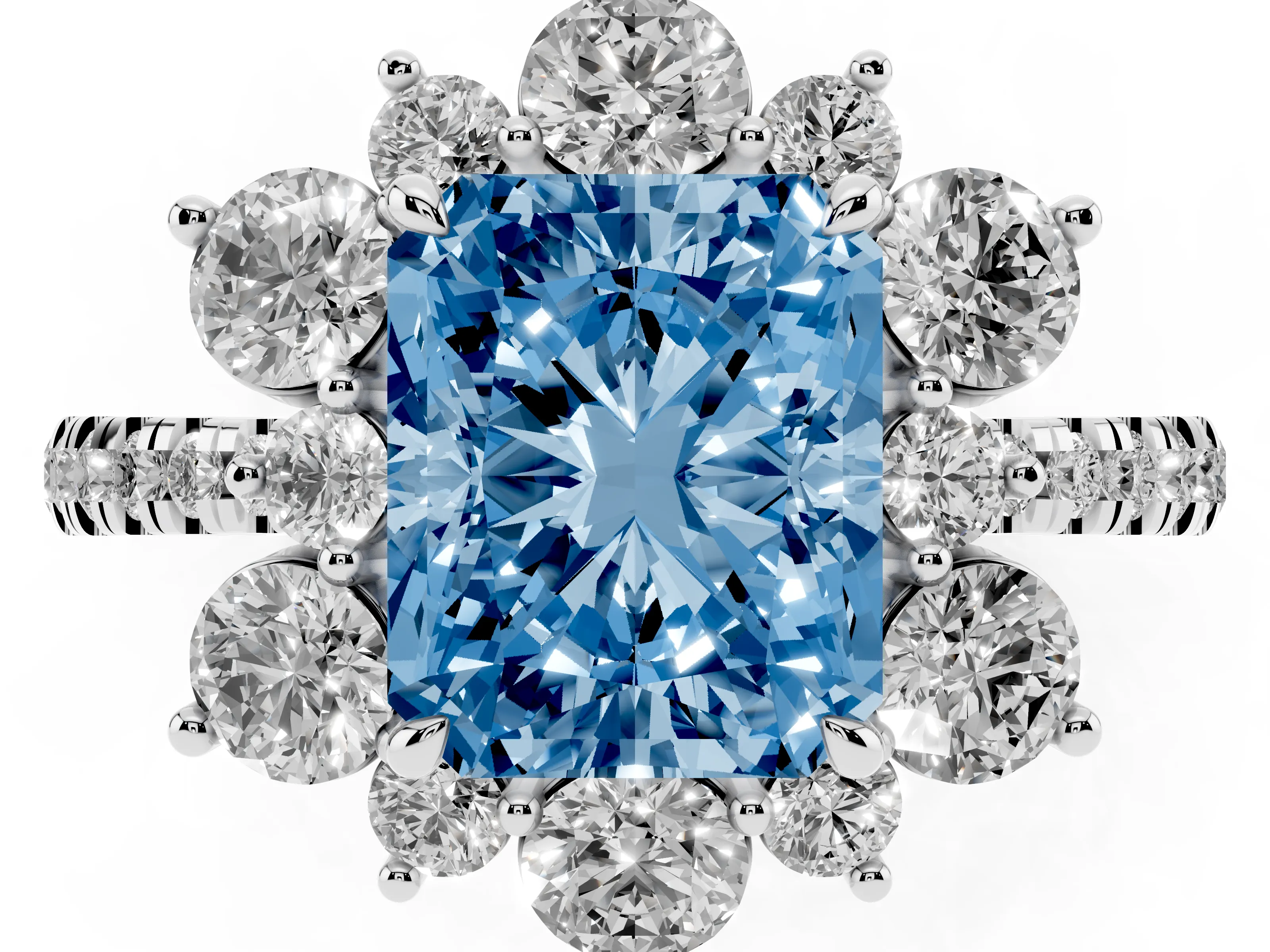 Fancy Blue Radiant Cut Diamond Floral Halo Ring Set in Silver with Round Pavé Band and Prong Setting