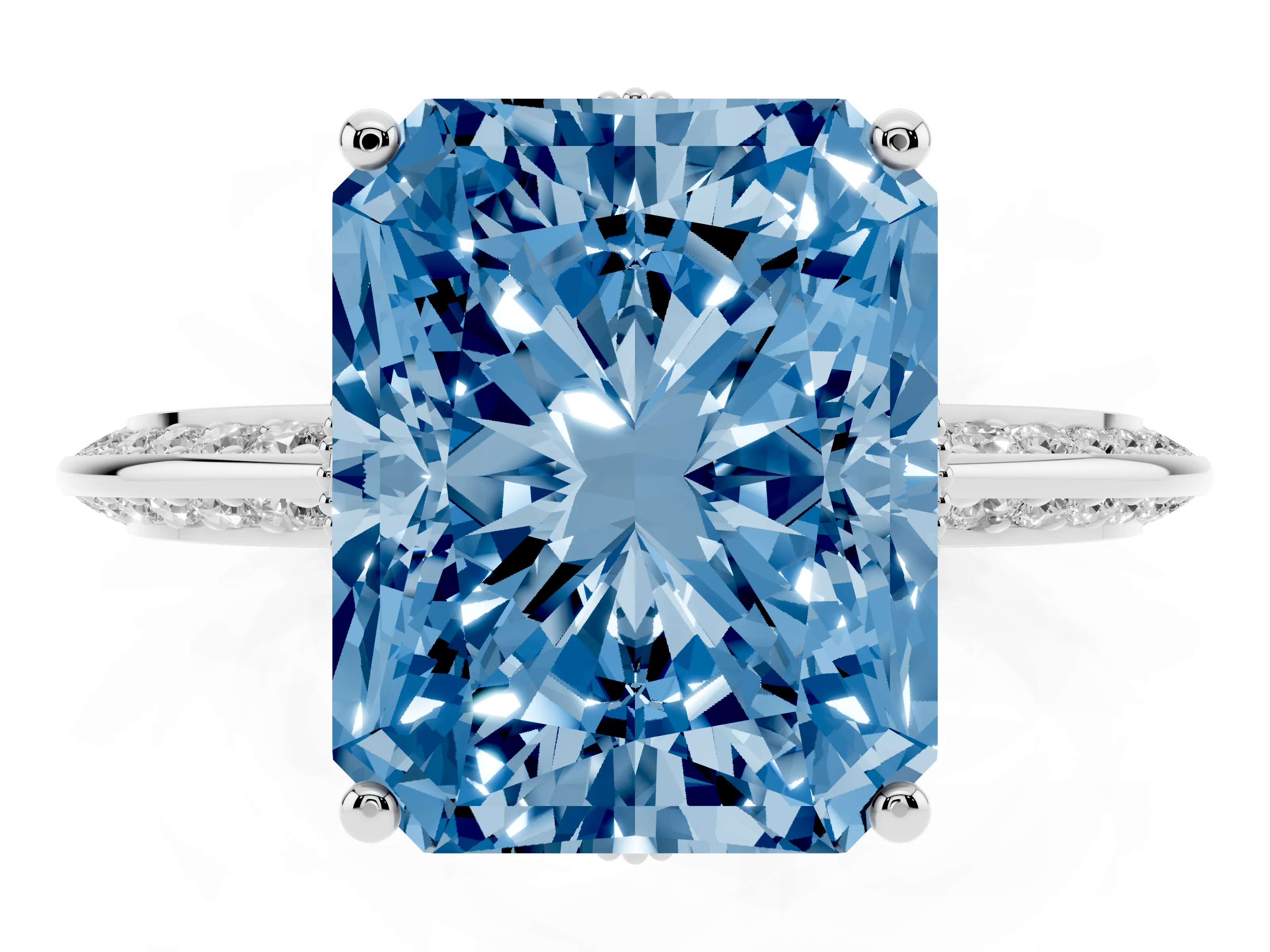 Fancy Blue Radiant Cut Diamond Solitaire Engagement Ring Set in Silver with Pavé Split Shank and Prong Setting