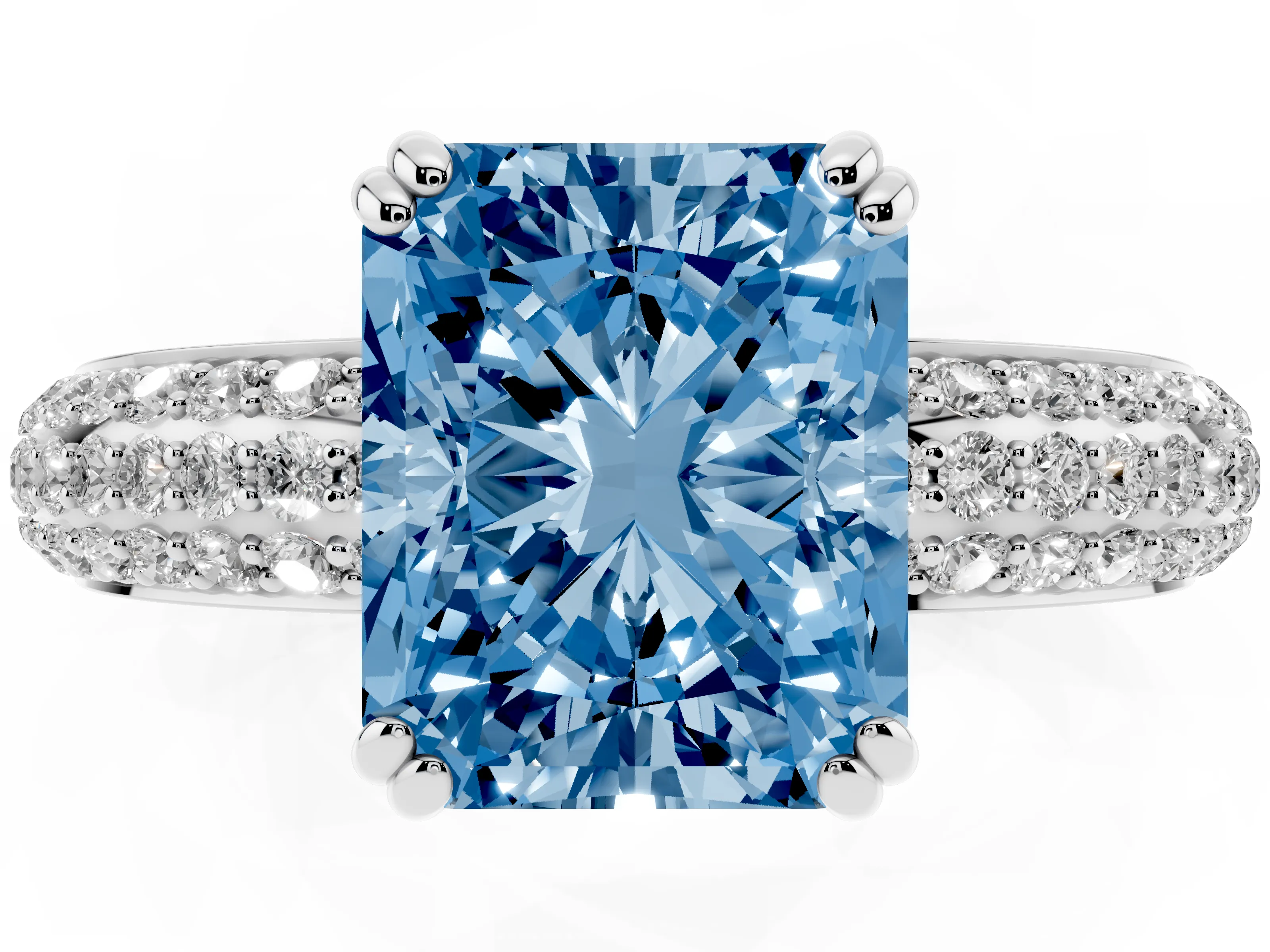 Fancy Blue Radiant Cut Diamond Solitaire Ring Set in Platinum with Multi-Row Round Pavé Band and Prong Setting