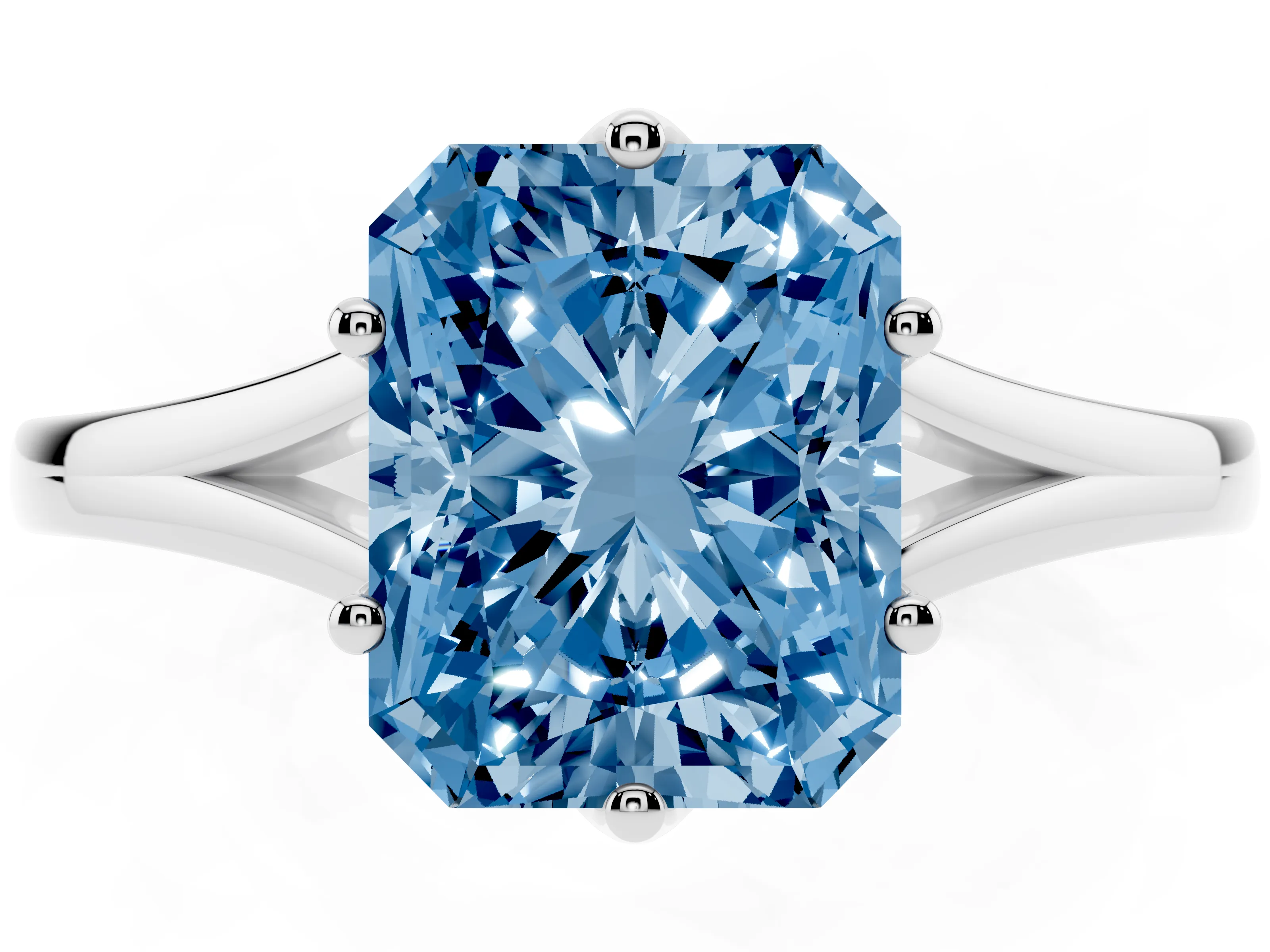 Fancy Blue Radiant Cut Diamond Solitaire Ring Set in White gold with Polished Tapered Band and Prong Setting