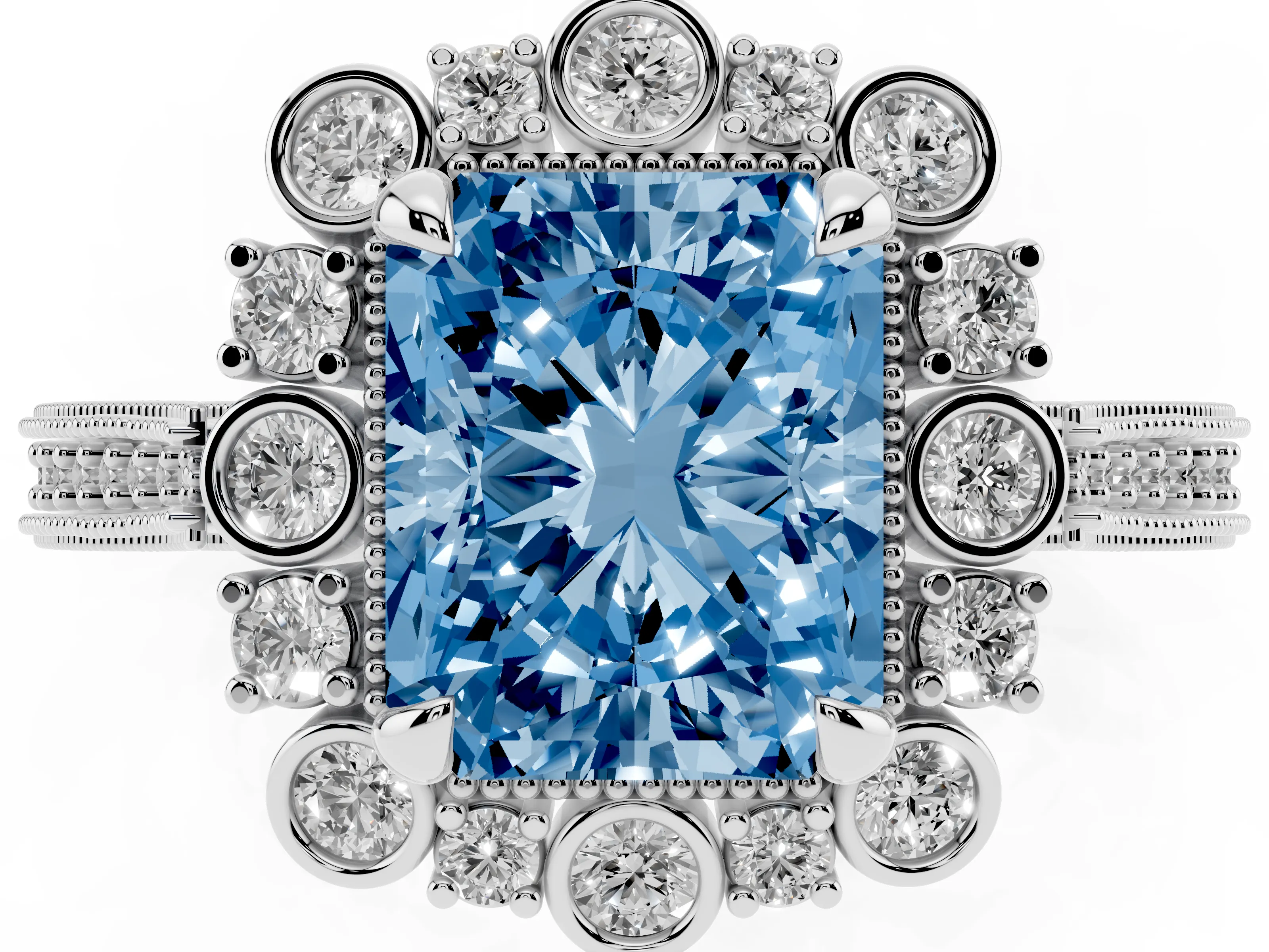 Fancy Blue Radiant Cut Diamond Halo Milgrain Pavé Ring Set in White gold with Prong Setting