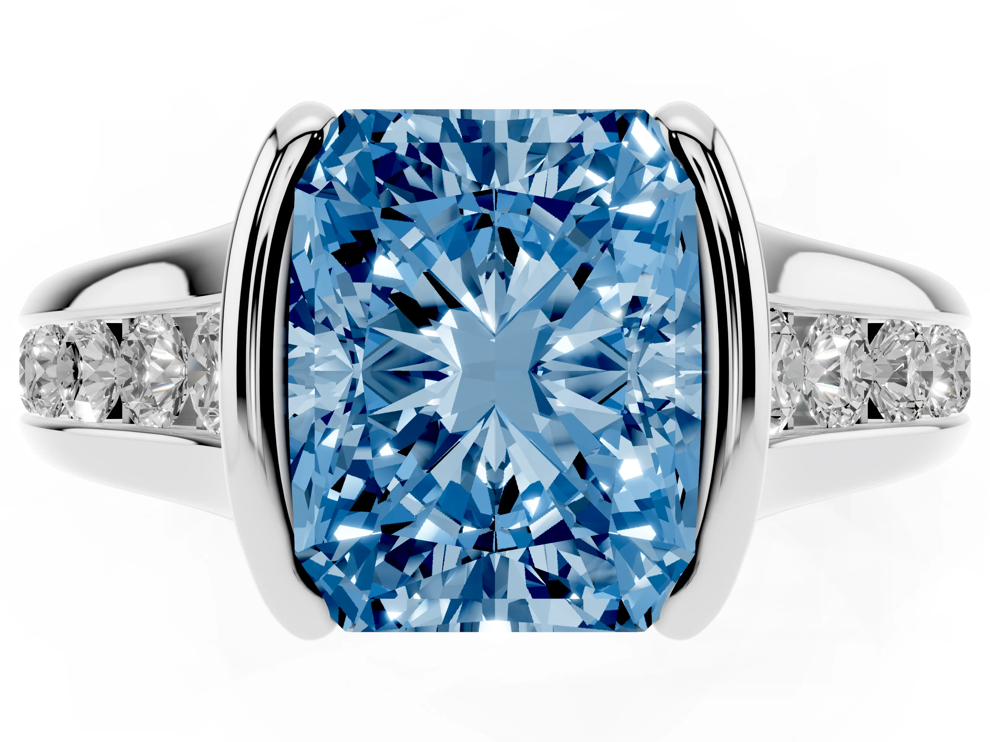 Fancy Blue Radiant Cut Diamond Bezel-Set Solitaire Ring Set in White gold with Channel-Set Band