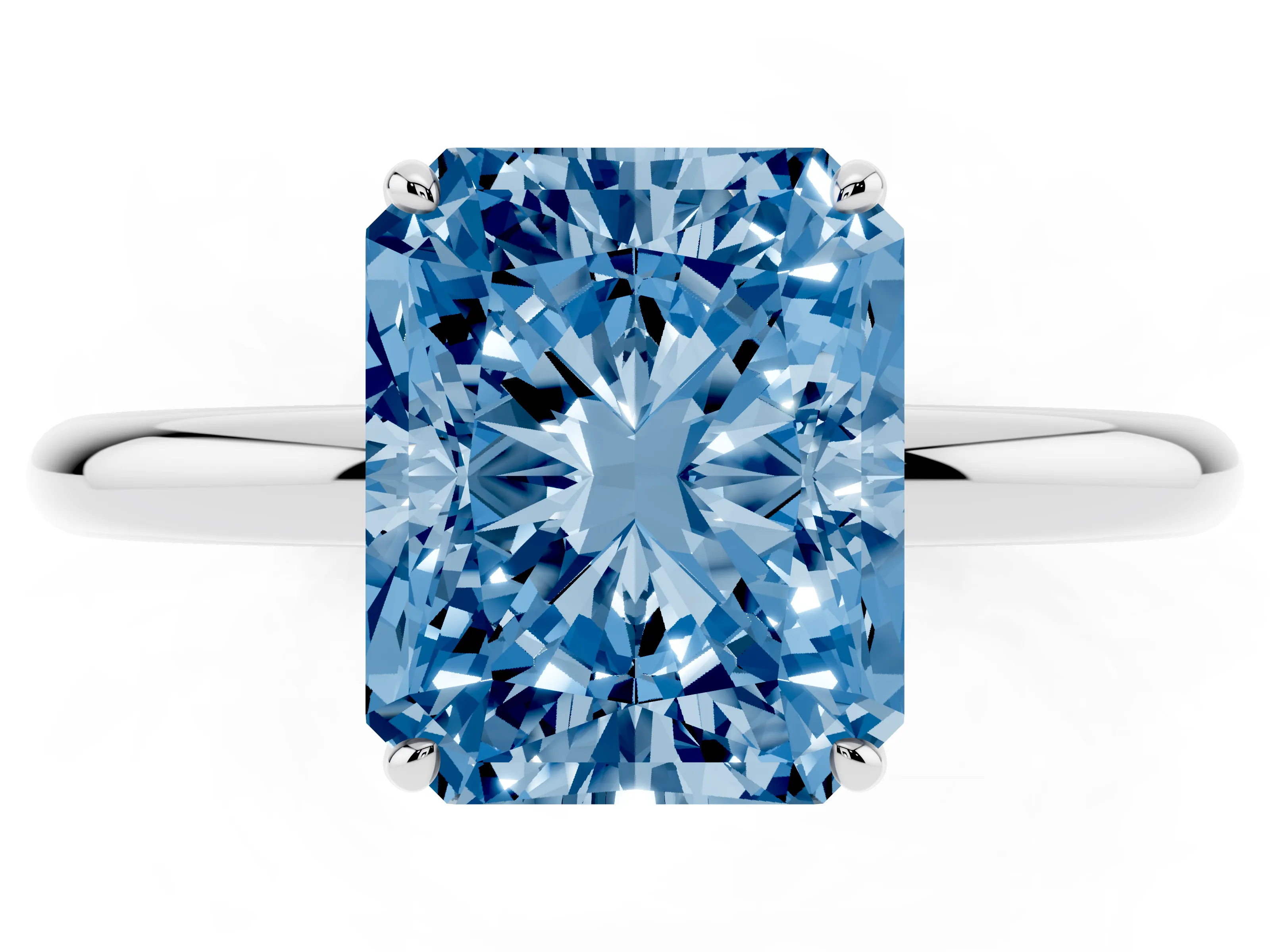 Fancy Blue Radiant Cut Diamond Solitaire Ring Set in White gold with Prong Setting on a Polished Plain Band
