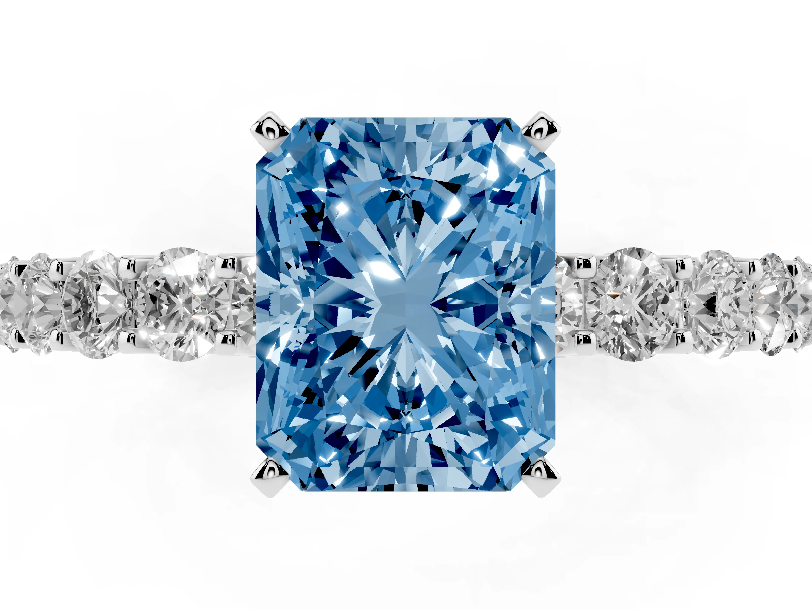 Fancy Blue Radiant Cut Diamond Solitaire Ring Set in Platinum with Shared Prong Pavé Band