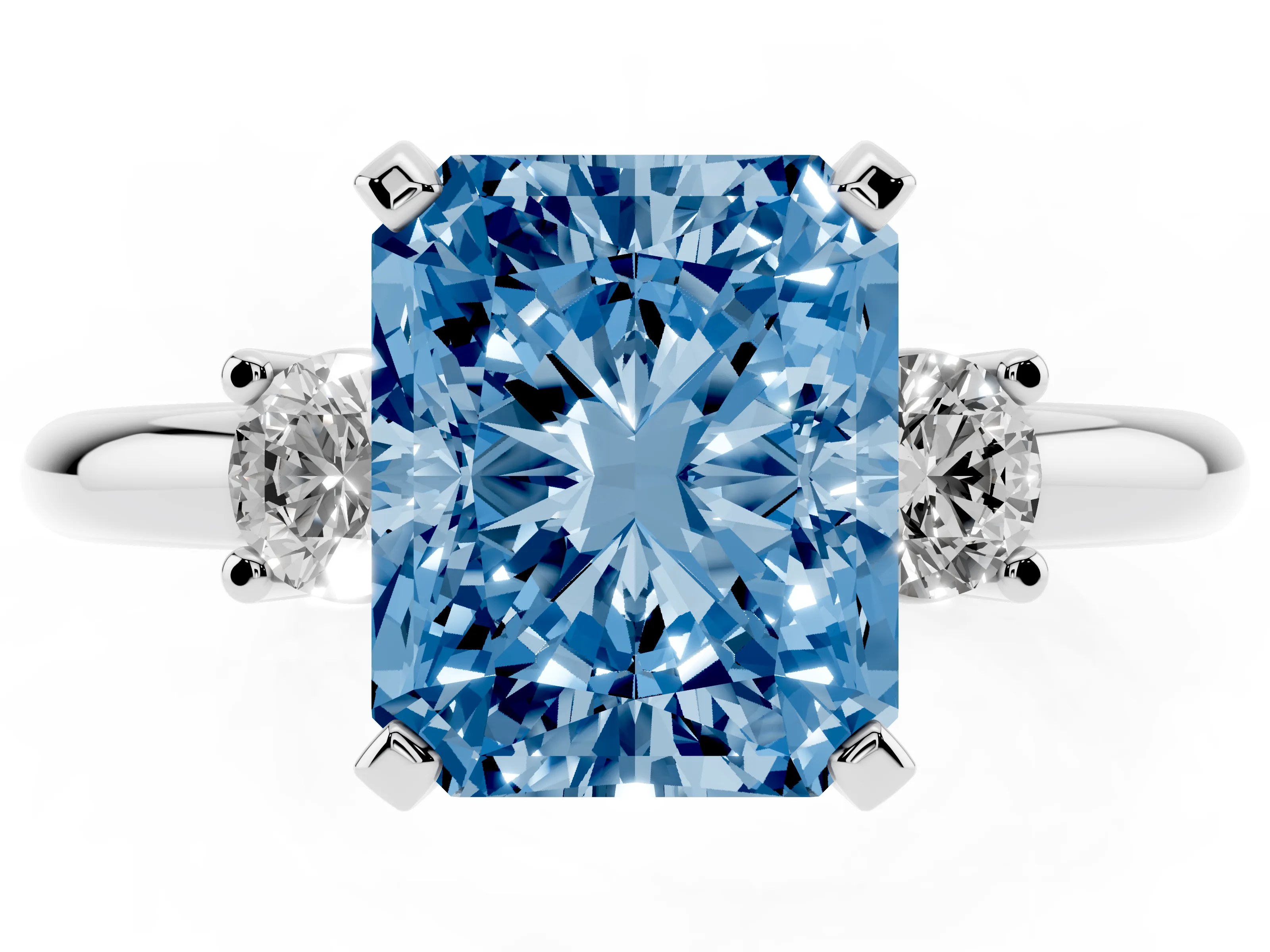 Fancy Blue Three-Stone Radiant Cut Diamond Ring Set in White gold with Prong Setting and Plain Band
