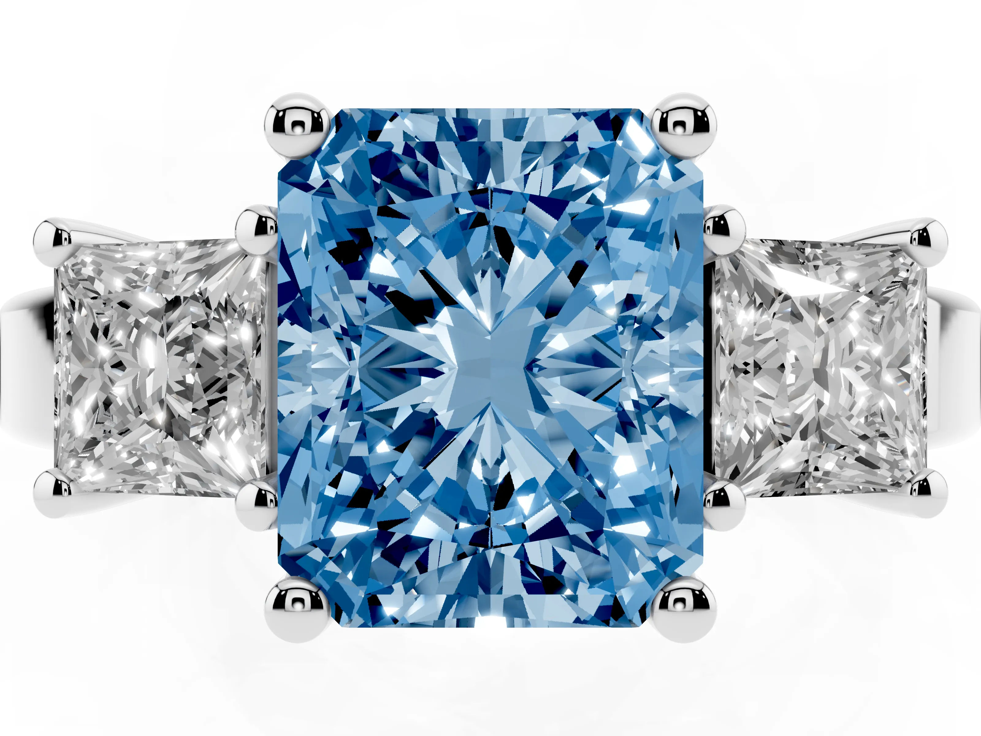 Fancy Blue Three-Stone Radiant Cut Diamond Solitaire Ring Set in Platinum with Prong Setting