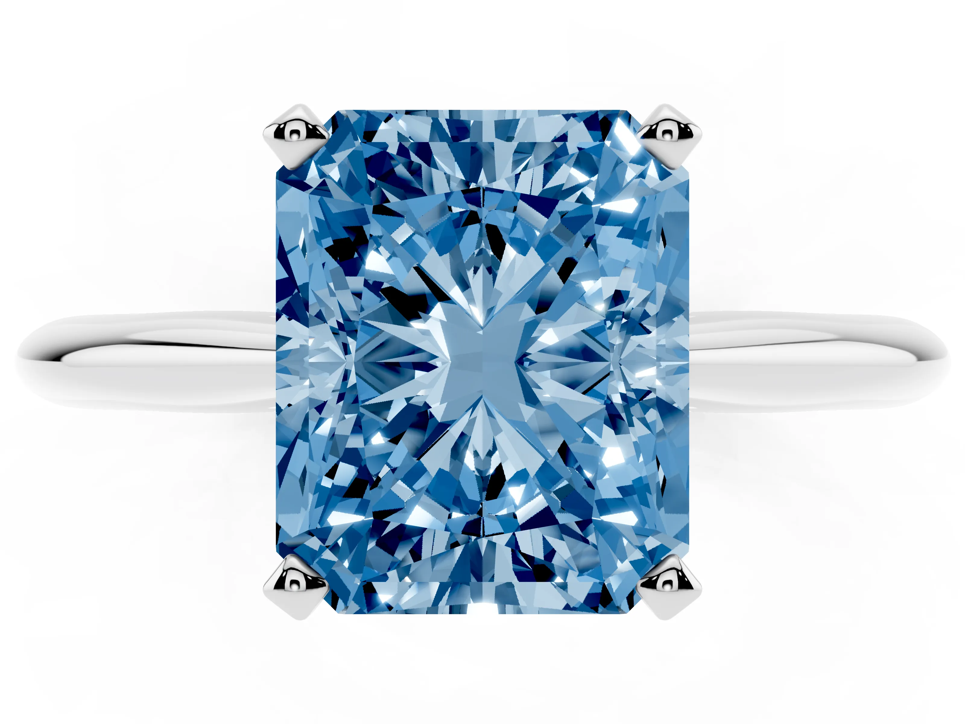 Fancy Blue Radiant Cut Diamond Solitaire Ring Set in Platinum with Prong Setting on a Plain Round Band