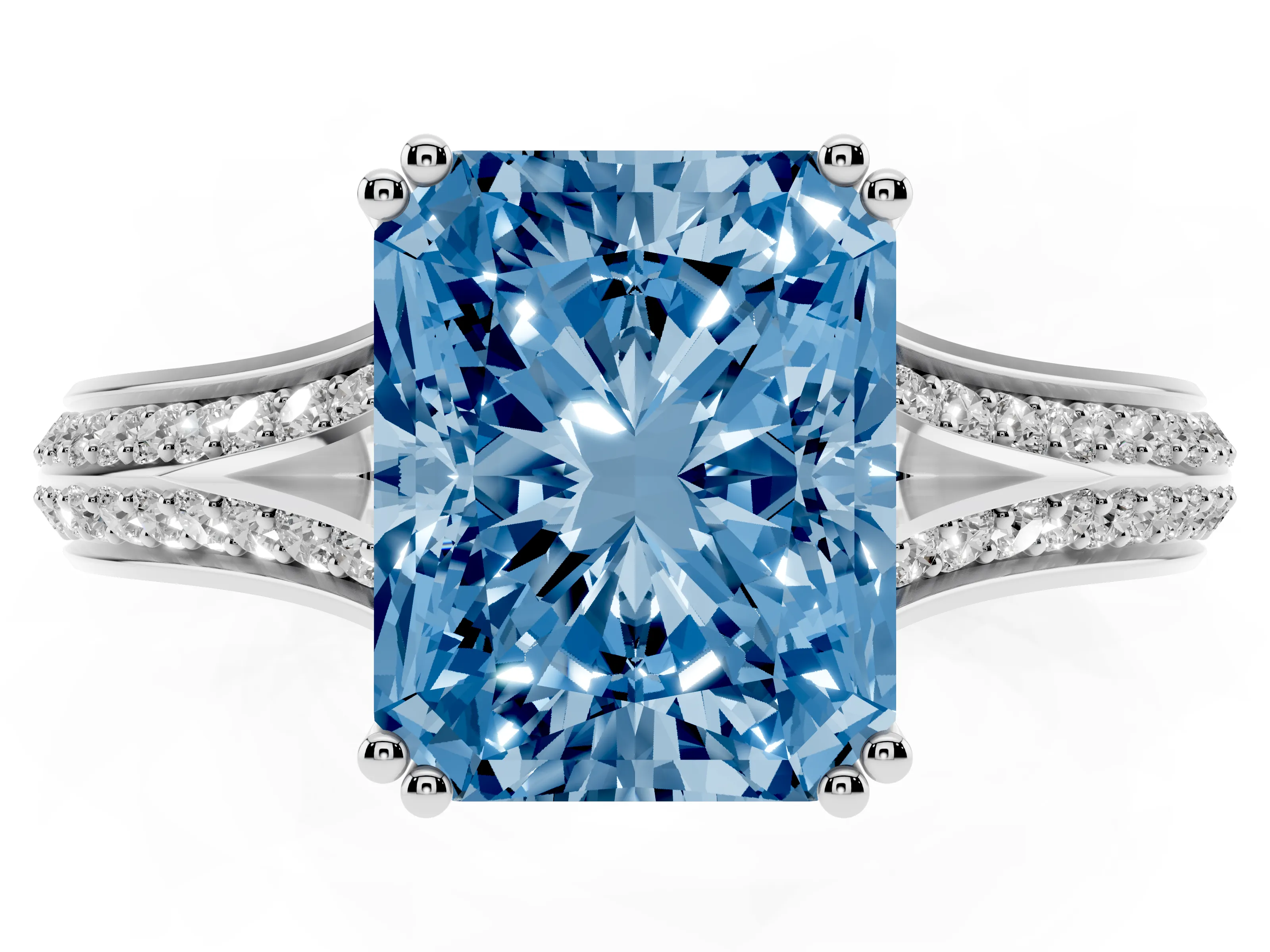 Fancy Blue Radiant Cut Diamond Split Shank Pavé Engagement Ring Set in Platinum with Prong-Set Center Stone
