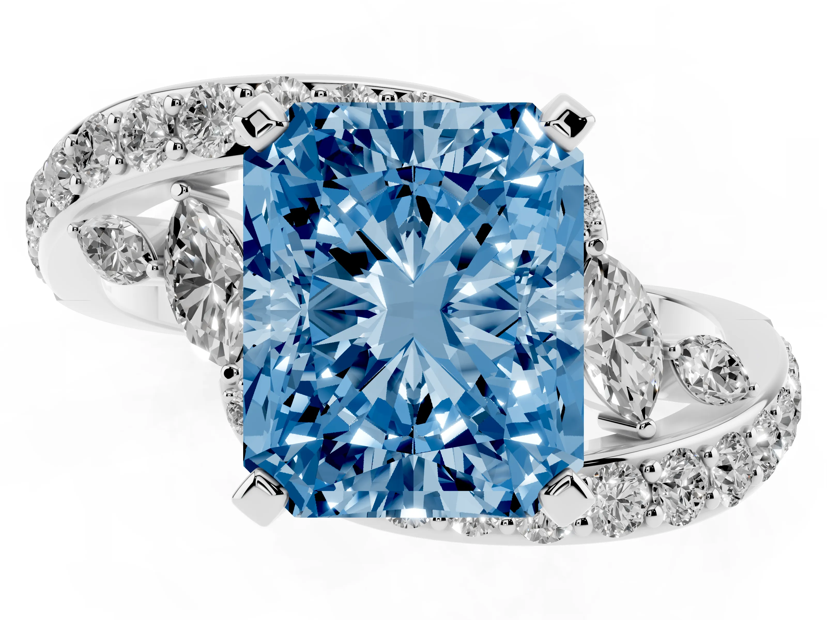Fancy Blue Radiant Cut Diamond Solitaire Ring Set in Platinum with Pavé Twist Band and Secure Prong Setting