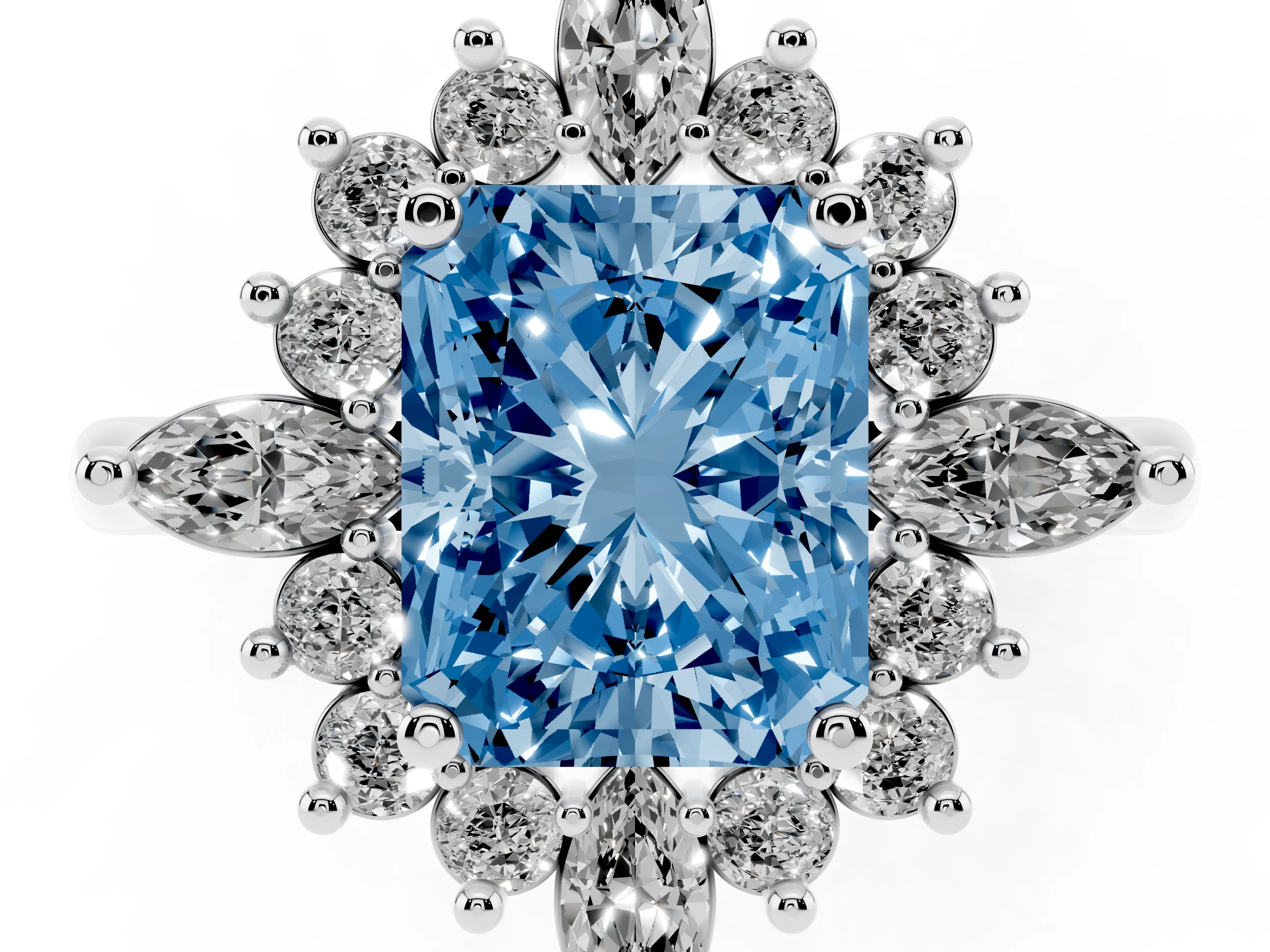 Fancy Blue Radiant Cut Diamond Cluster Halo Ring Set in Platinum with Marquise and Round Accents