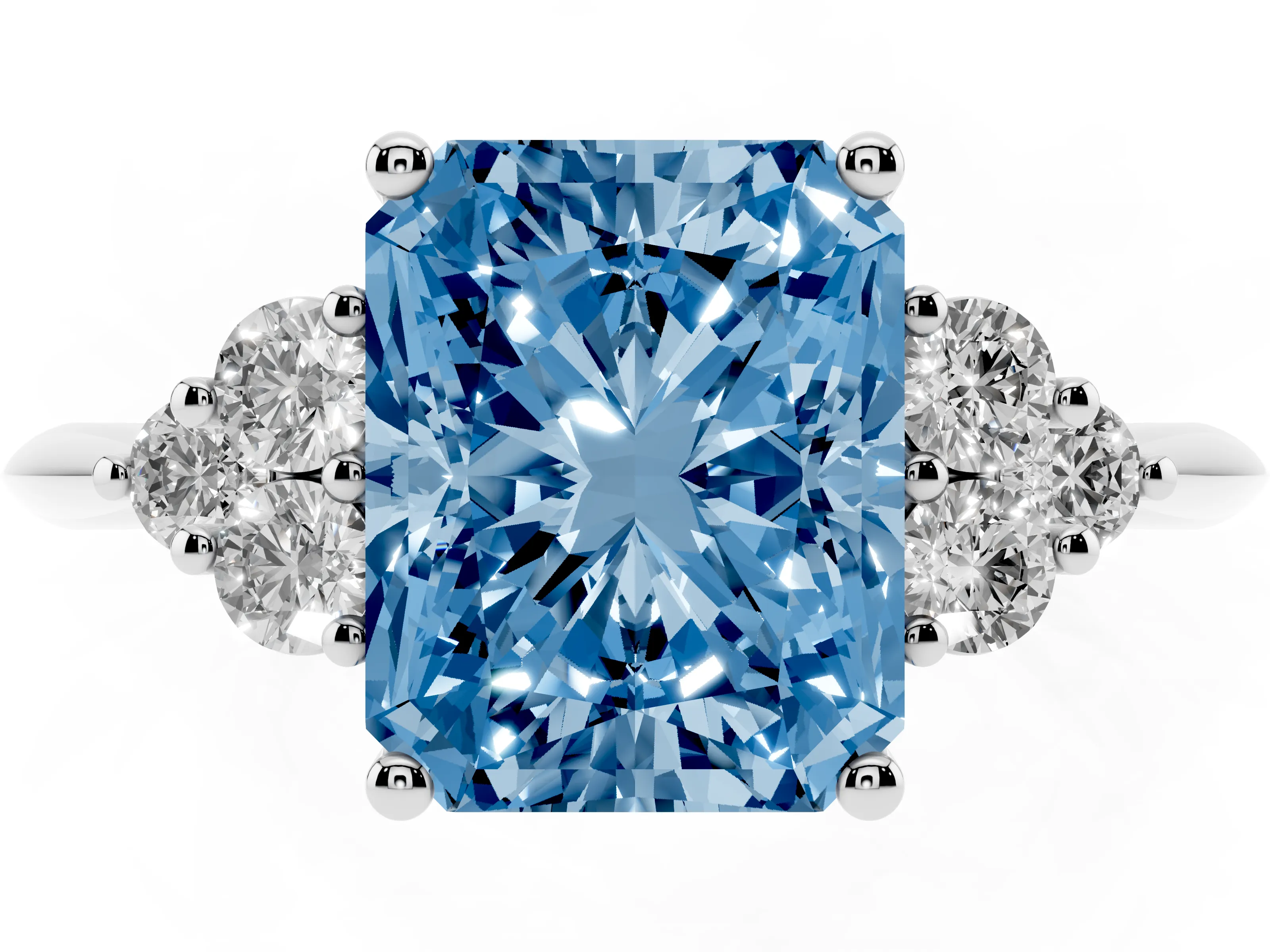 Fancy Blue Radiant Cut Diamond Cluster Ring Set in White gold with Plain Band and Prong Setting