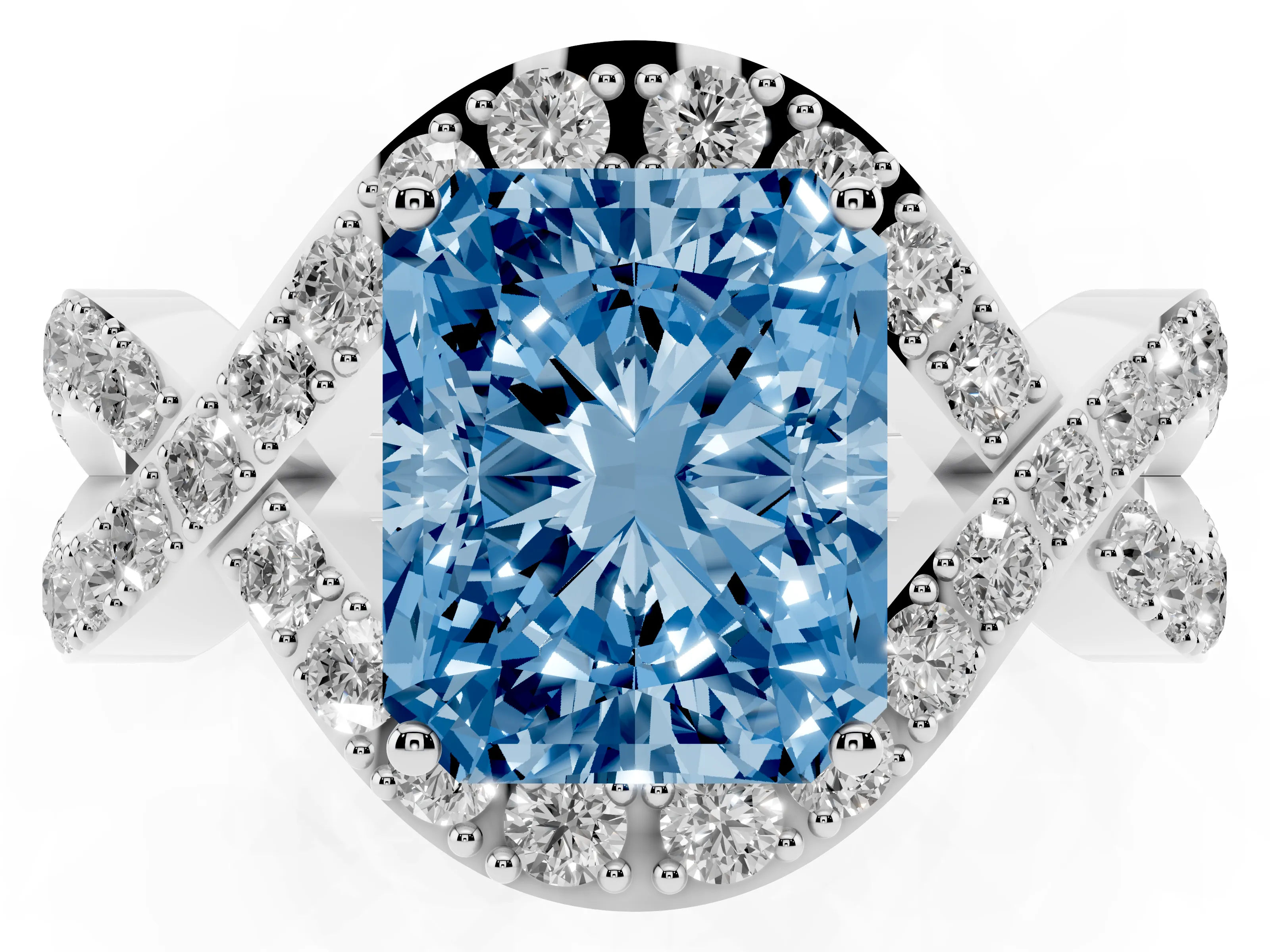 Fancy Blue Radiant Cut Diamond Solitaire Twist Band Pavé Engagement Ring Set in Platinum